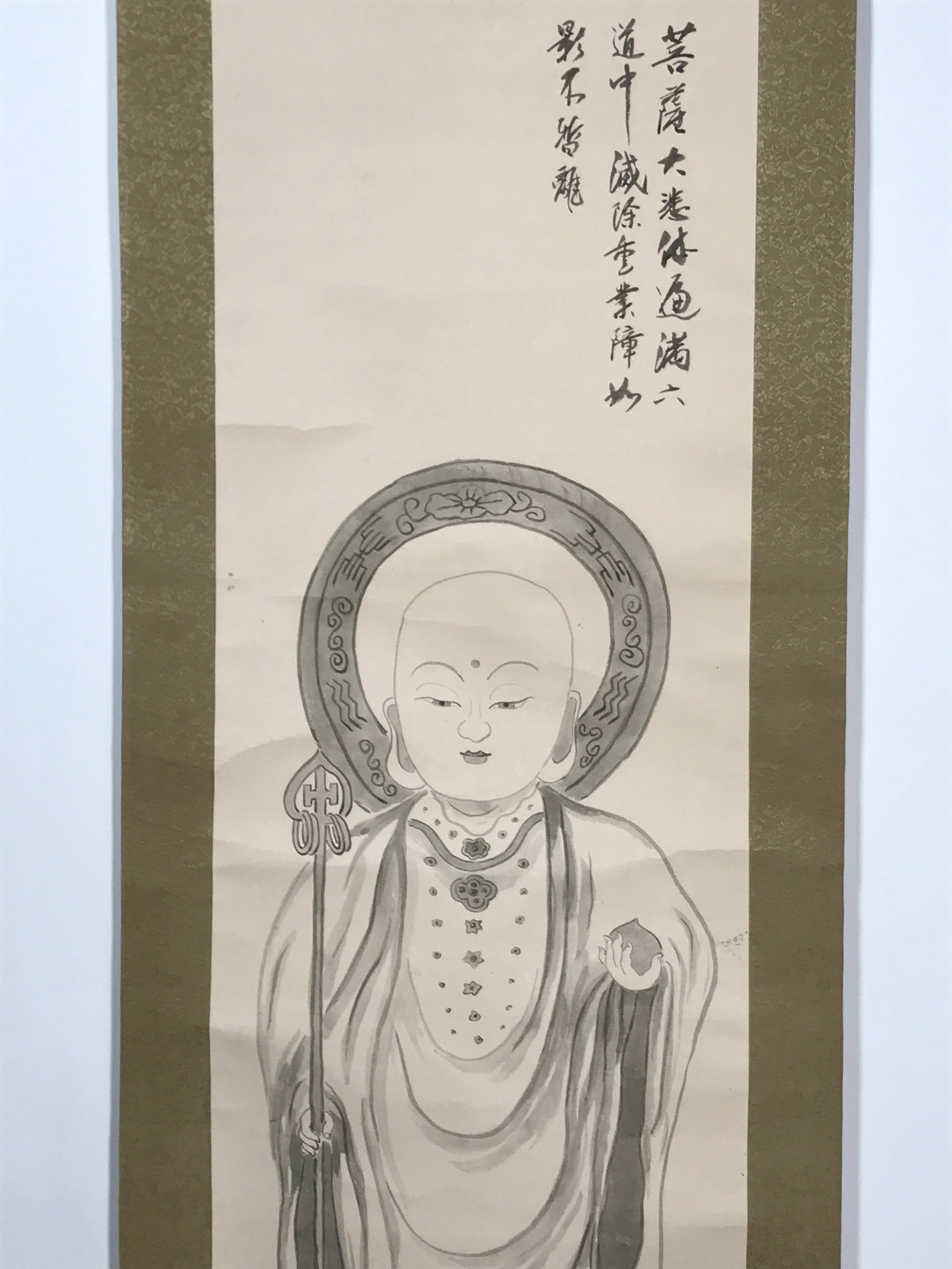 Japanese Boxed Hanging Scroll Vtg Standing Jizo Buddhist Kakejiku Chagake SC959
