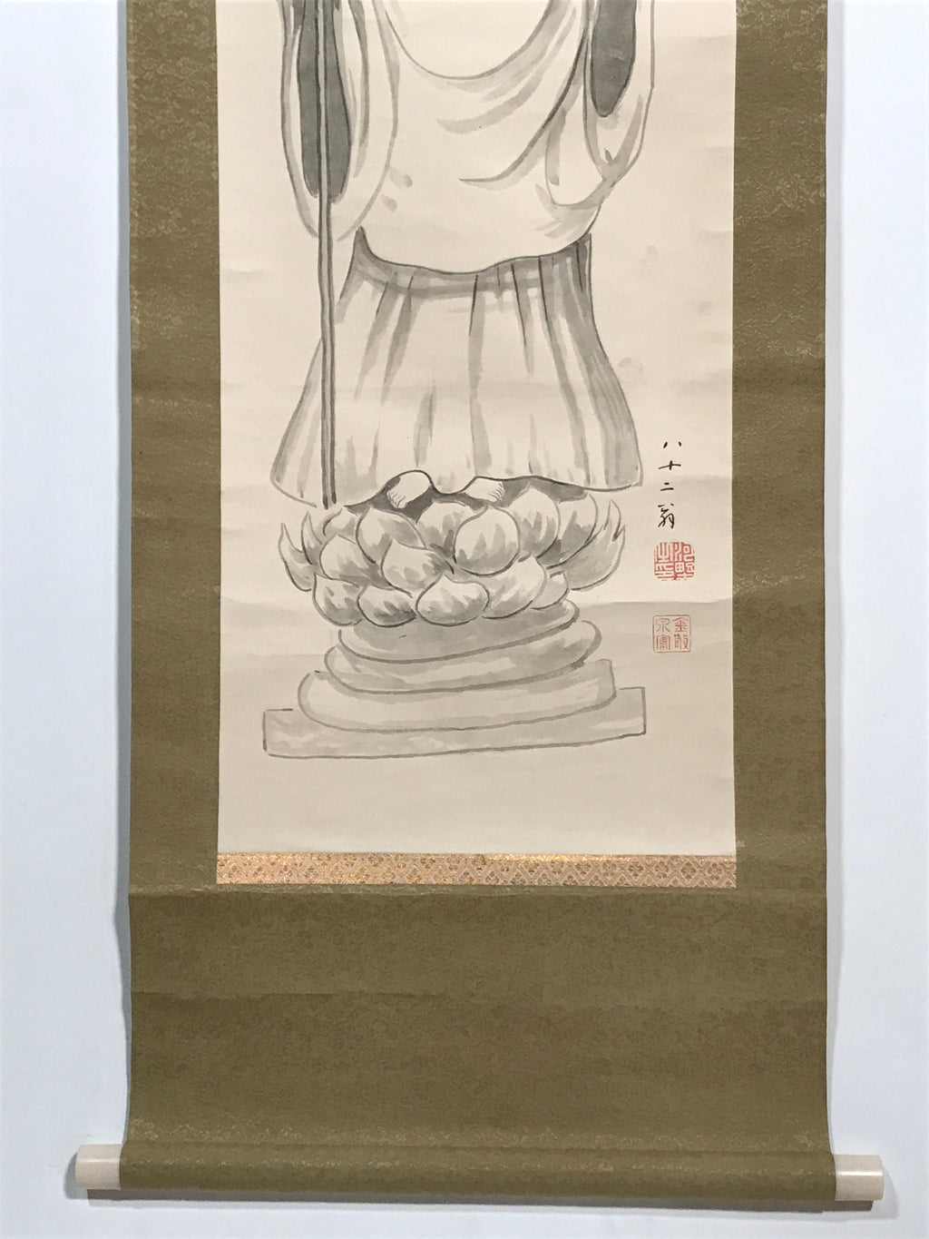 Japanese Boxed Hanging Scroll Vtg Standing Jizo Buddhist Kakejiku Chagake SC959