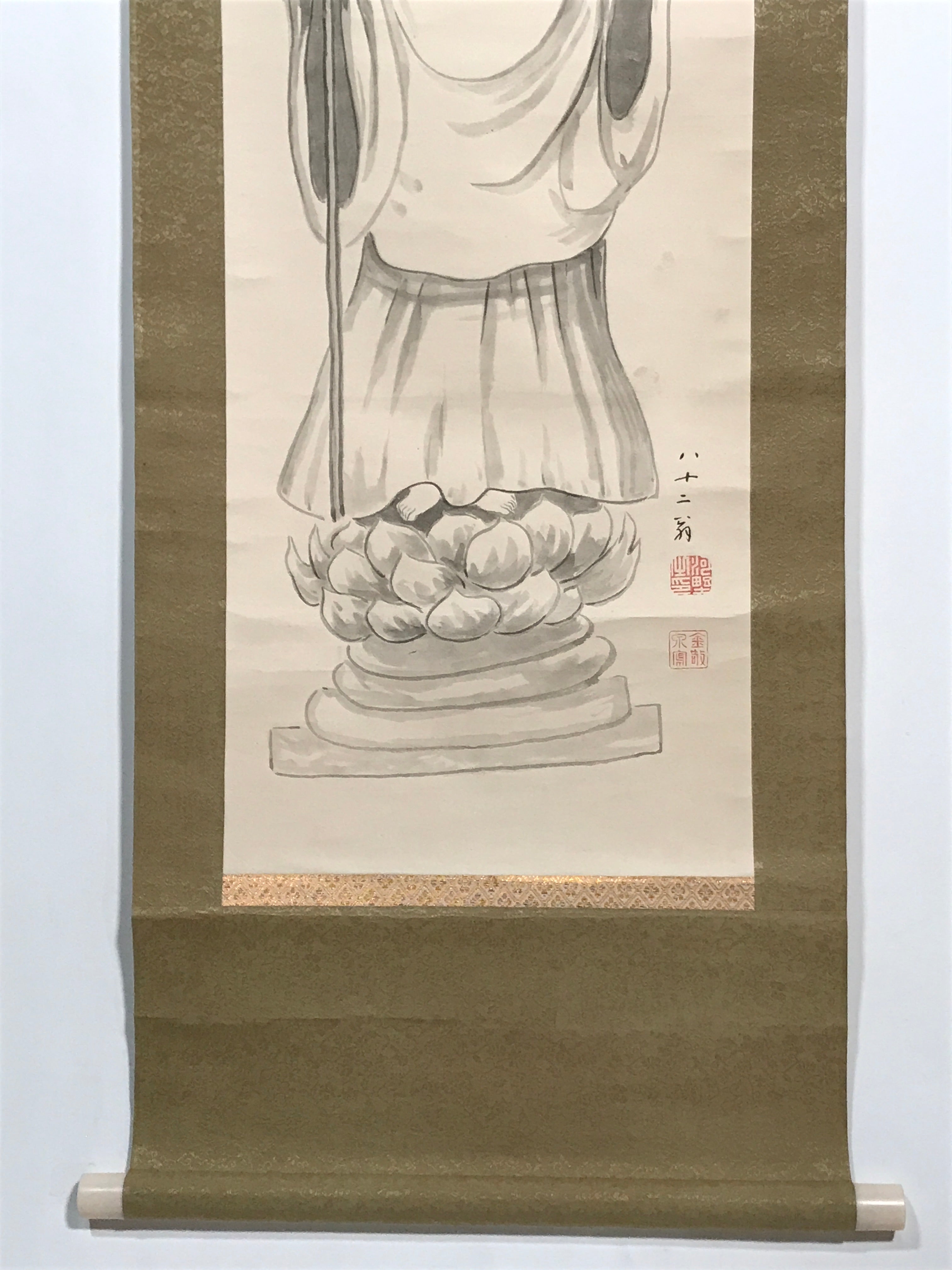 Japanese Boxed Hanging Scroll Vtg Standing Jizo Buddhist Kakejiku Chagake SC959