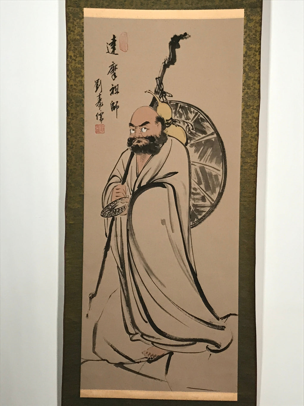 Japanese Boxed Hanging Scroll Vtg Tachi Daruma Zen Buddhist Kakejiku SC963