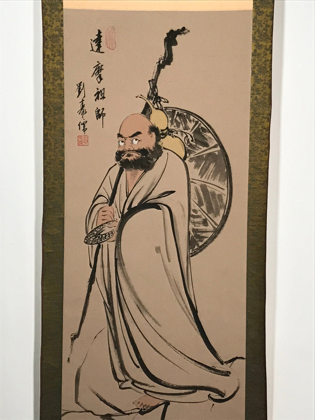 Japanese Boxed Hanging Scroll Vtg Tachi Daruma Zen Buddhist Kakejiku SC963