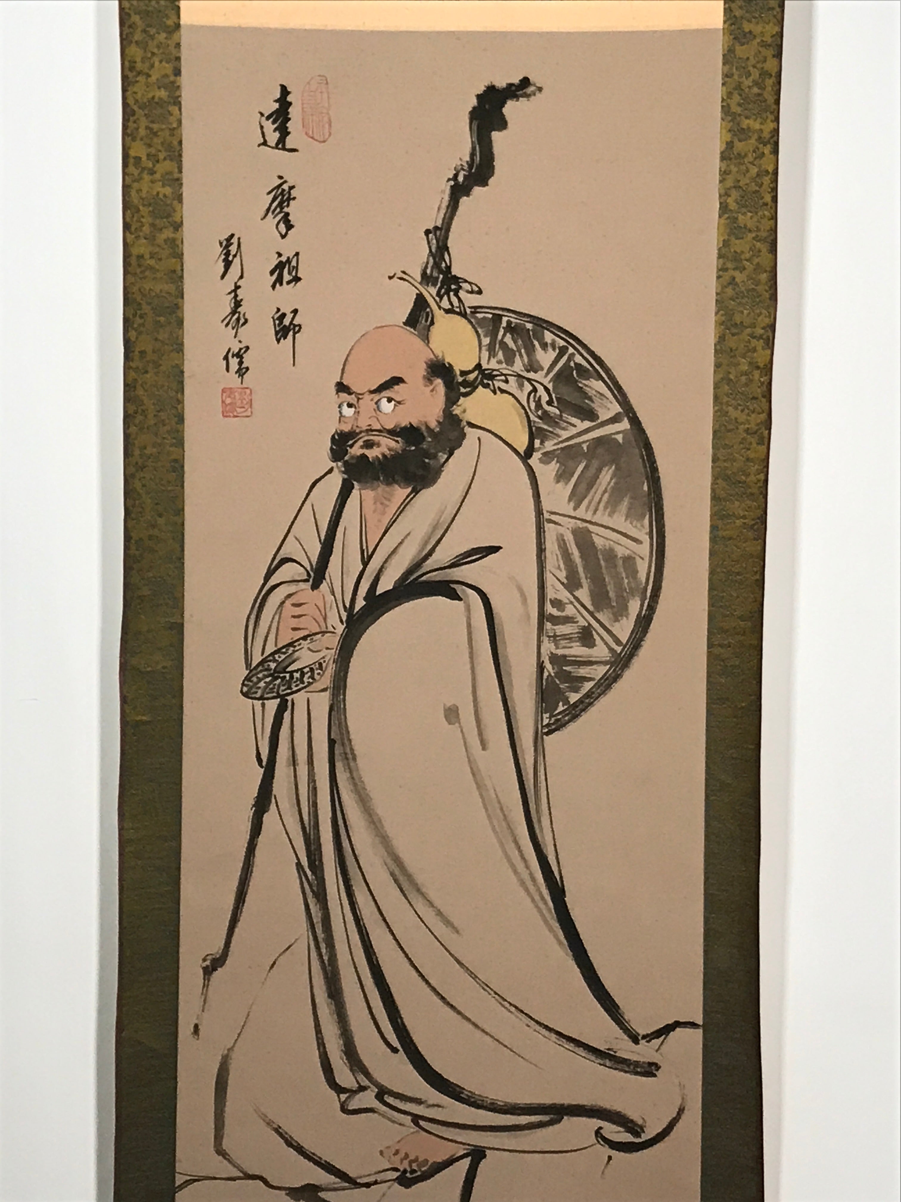 Japanese Boxed Hanging Scroll Vtg Tachi Daruma Zen Buddhist Kakejiku SC963
