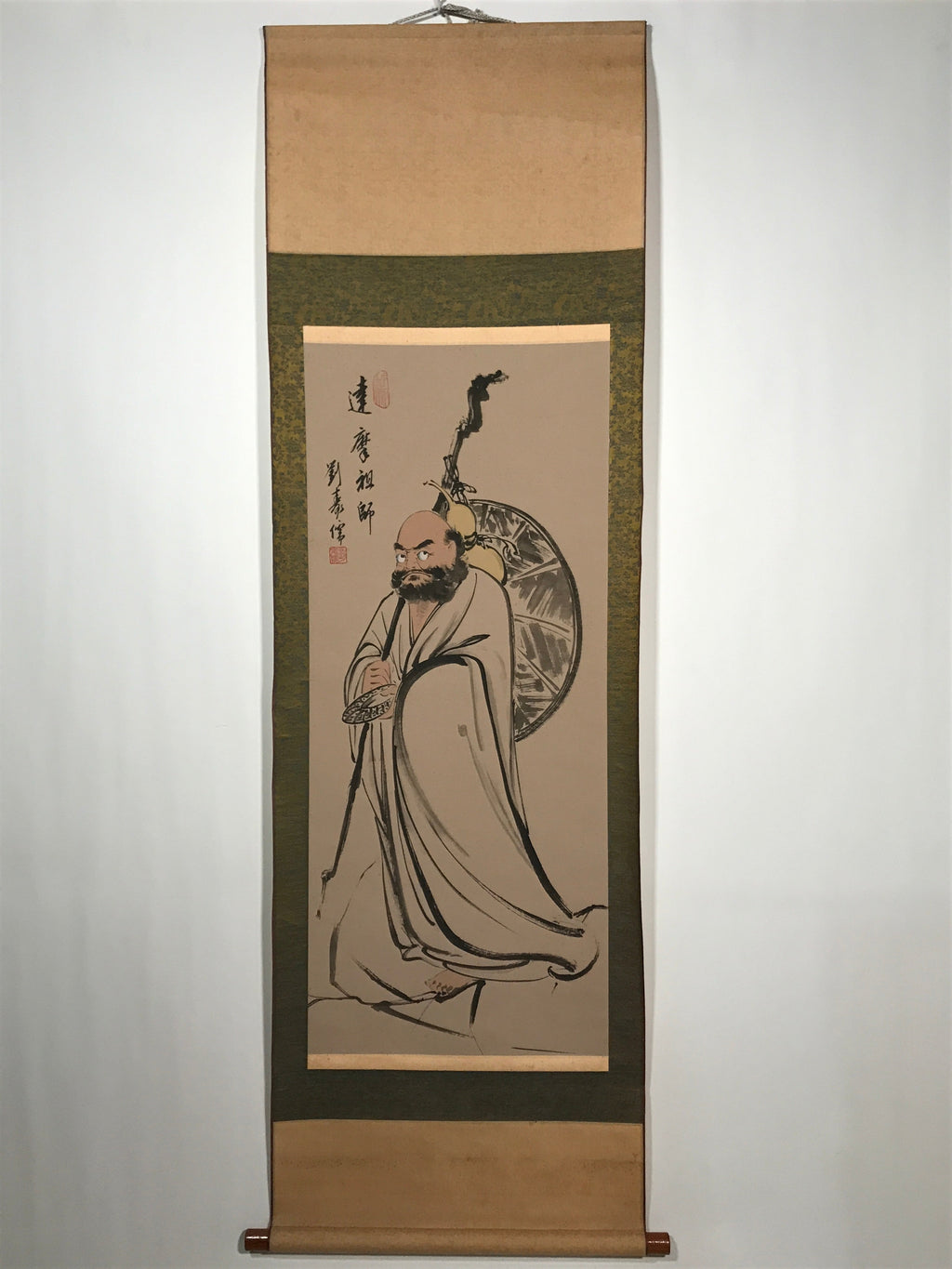 Japanese Boxed Hanging Scroll Vtg Tachi Daruma Zen Buddhist Kakejiku SC963