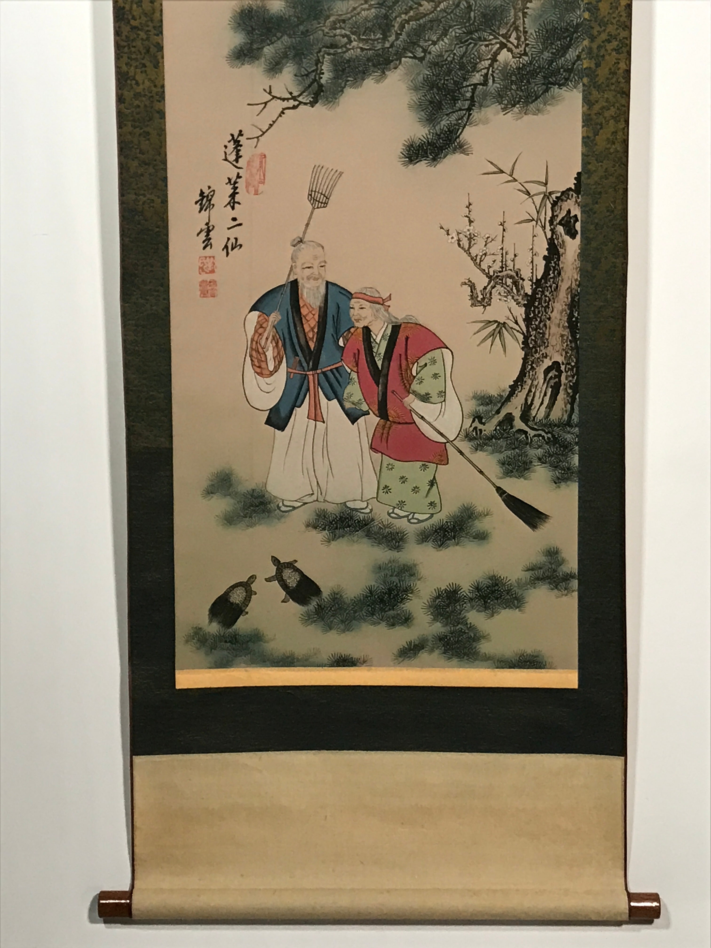 Japanese Boxed Hanging Scroll Vtg Takasago Old Couple Kakejiku Chagake SC964