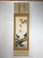 Japanese Boxed Hanging Scroll Vtg Two Cranes Pine Tree Red Sun Kakejiku KJ32