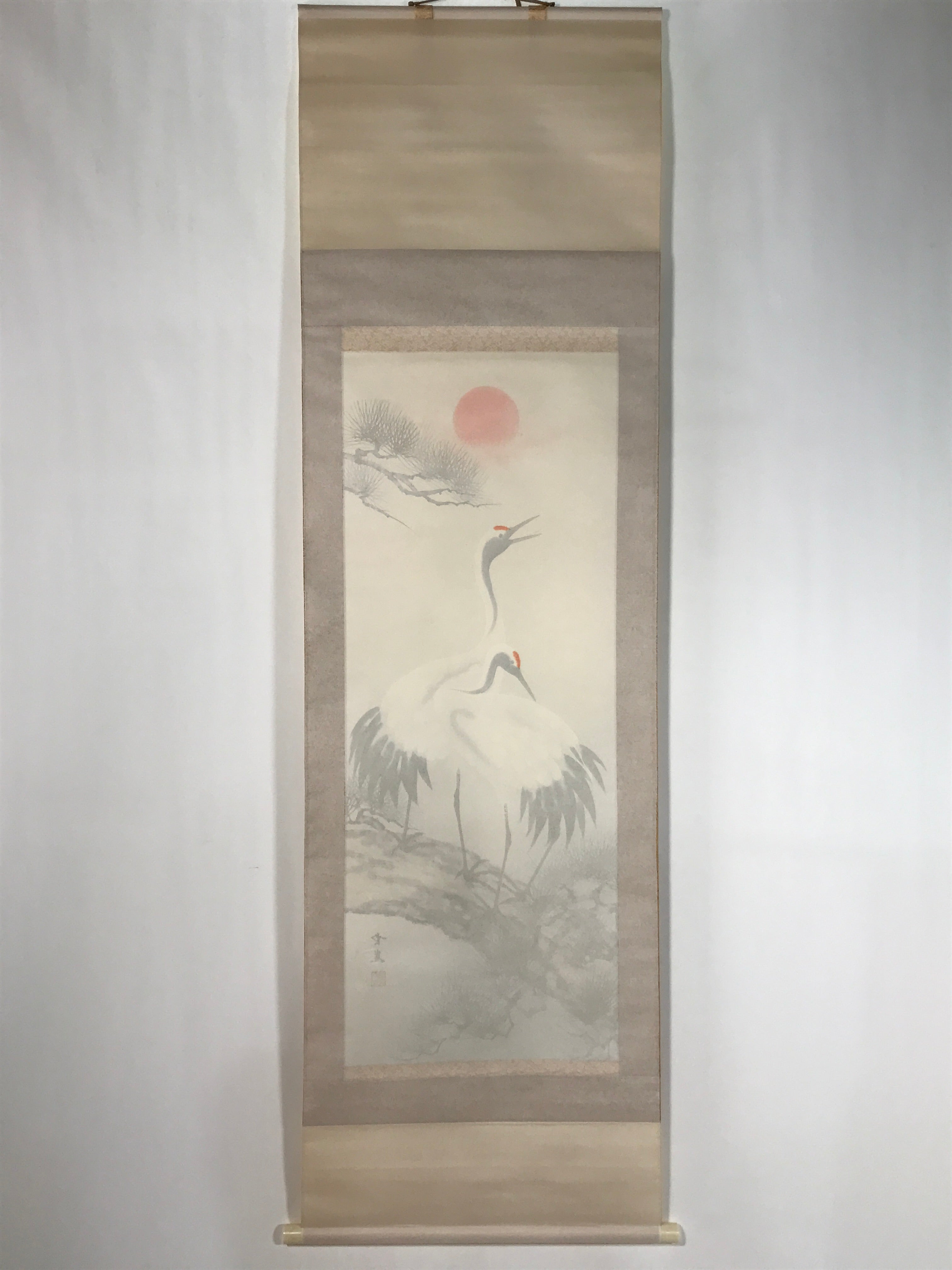 Japanese Boxed Hanging Scroll Vtg Two Cranes Pine Tree Red Sun Kakejiku KJ32