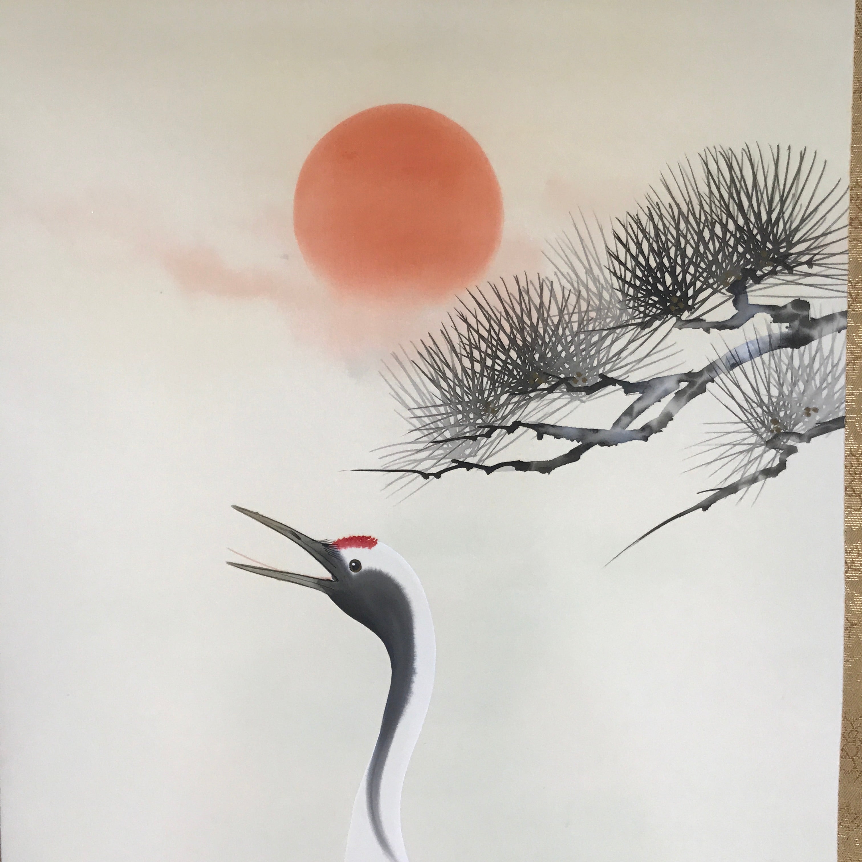 Japanese Boxed Hanging Scroll Vtg Two Cranes Pine Tree Red Sun Kakejiku KJ32