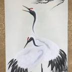 Japanese Boxed Hanging Scroll Vtg Two Cranes Pine Tree Red Sun Kakejiku KJ32