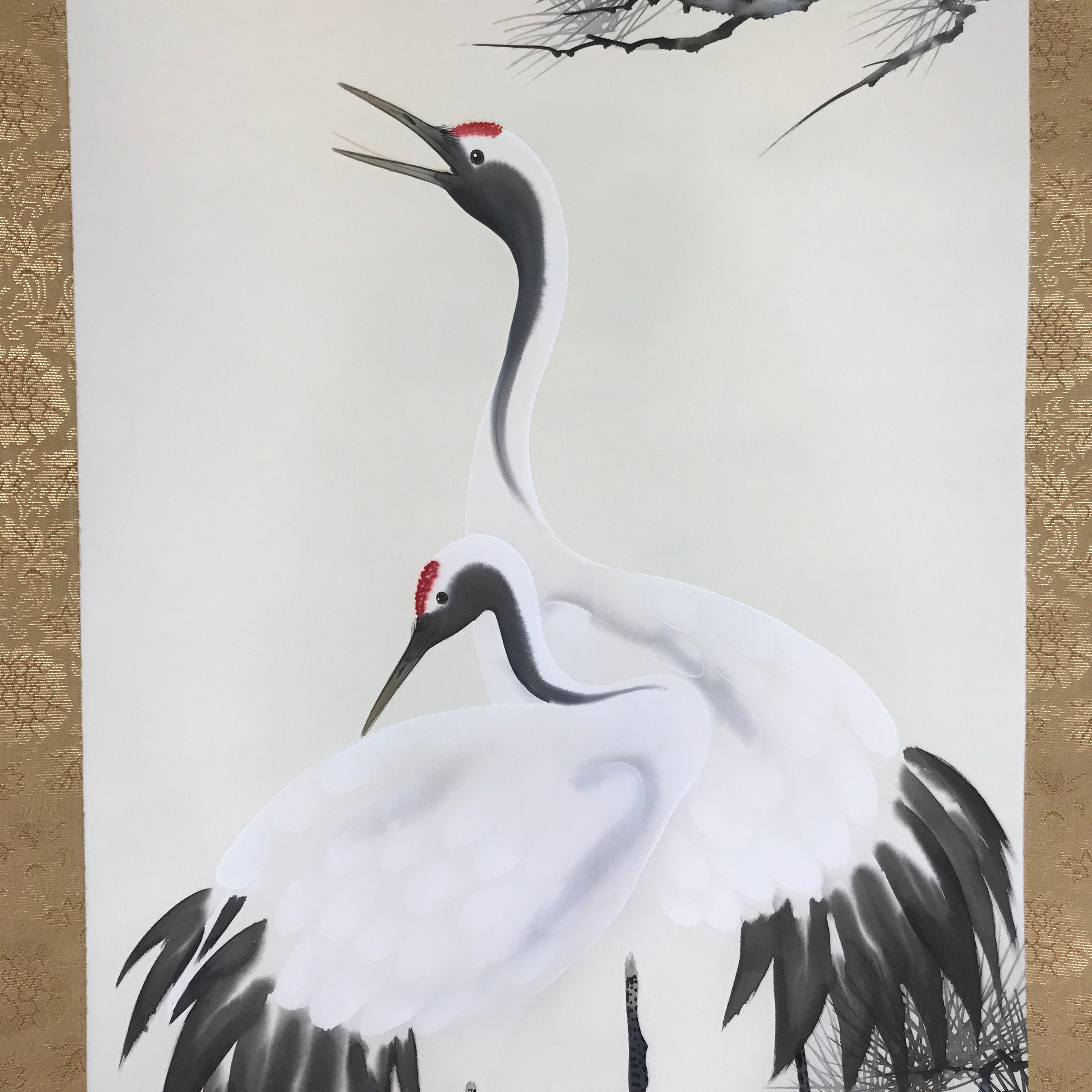 Japanese Boxed Hanging Scroll Vtg Two Cranes Pine Tree Red Sun Kakejiku KJ32