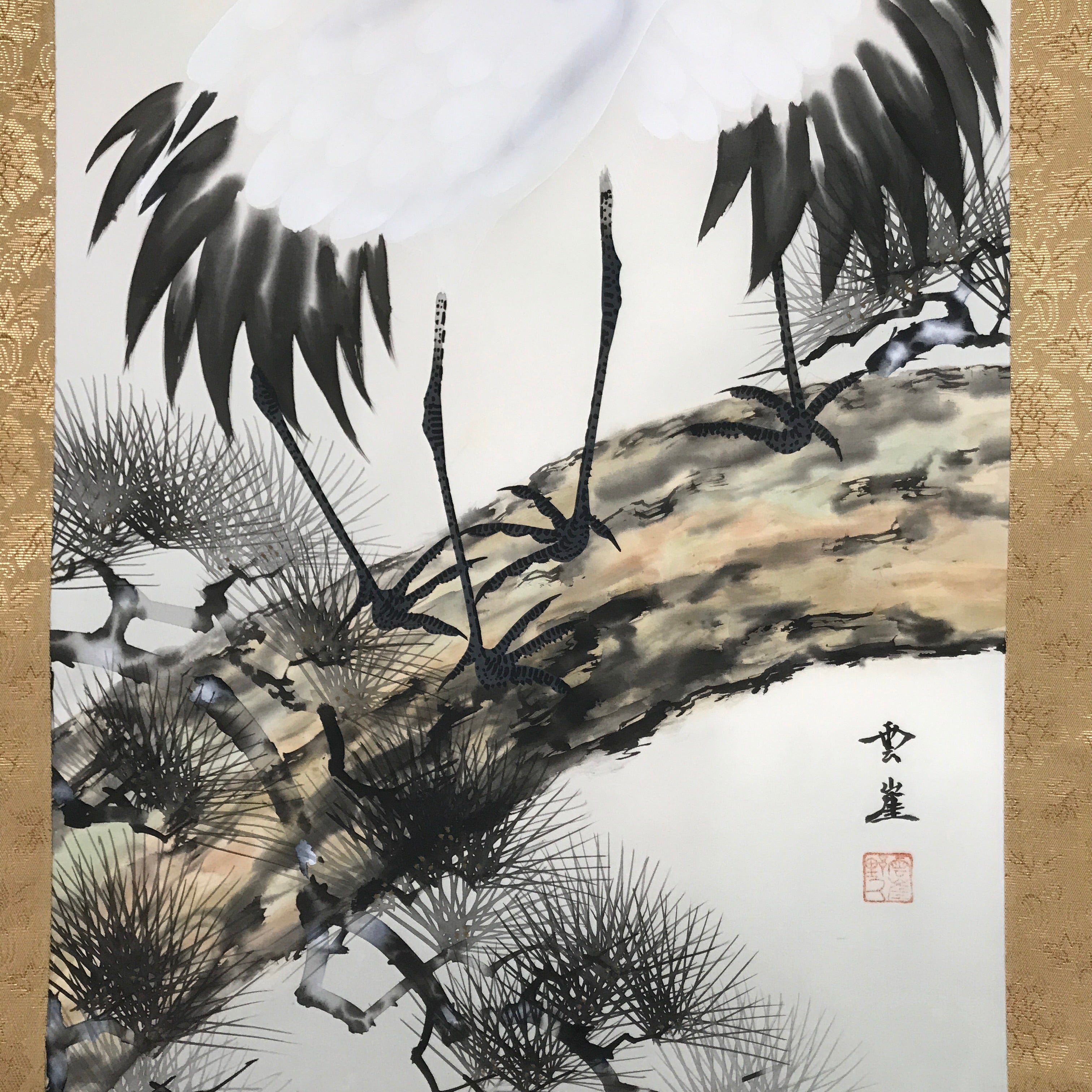 Japanese Boxed Hanging Scroll Vtg Two Cranes Pine Tree Red Sun Kakejiku KJ32