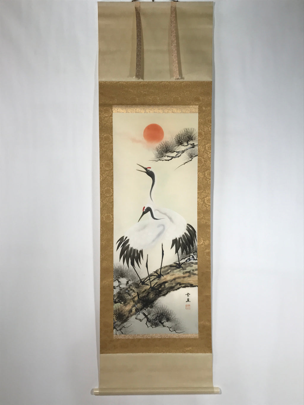 Japanese Boxed Hanging Scroll Vtg Two Cranes Pine Tree Red Sun Kakejiku KJ32