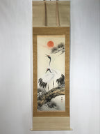 Japanese Boxed Hanging Scroll Vtg Two Cranes Pine Tree Red Sun Kakejiku KJ32