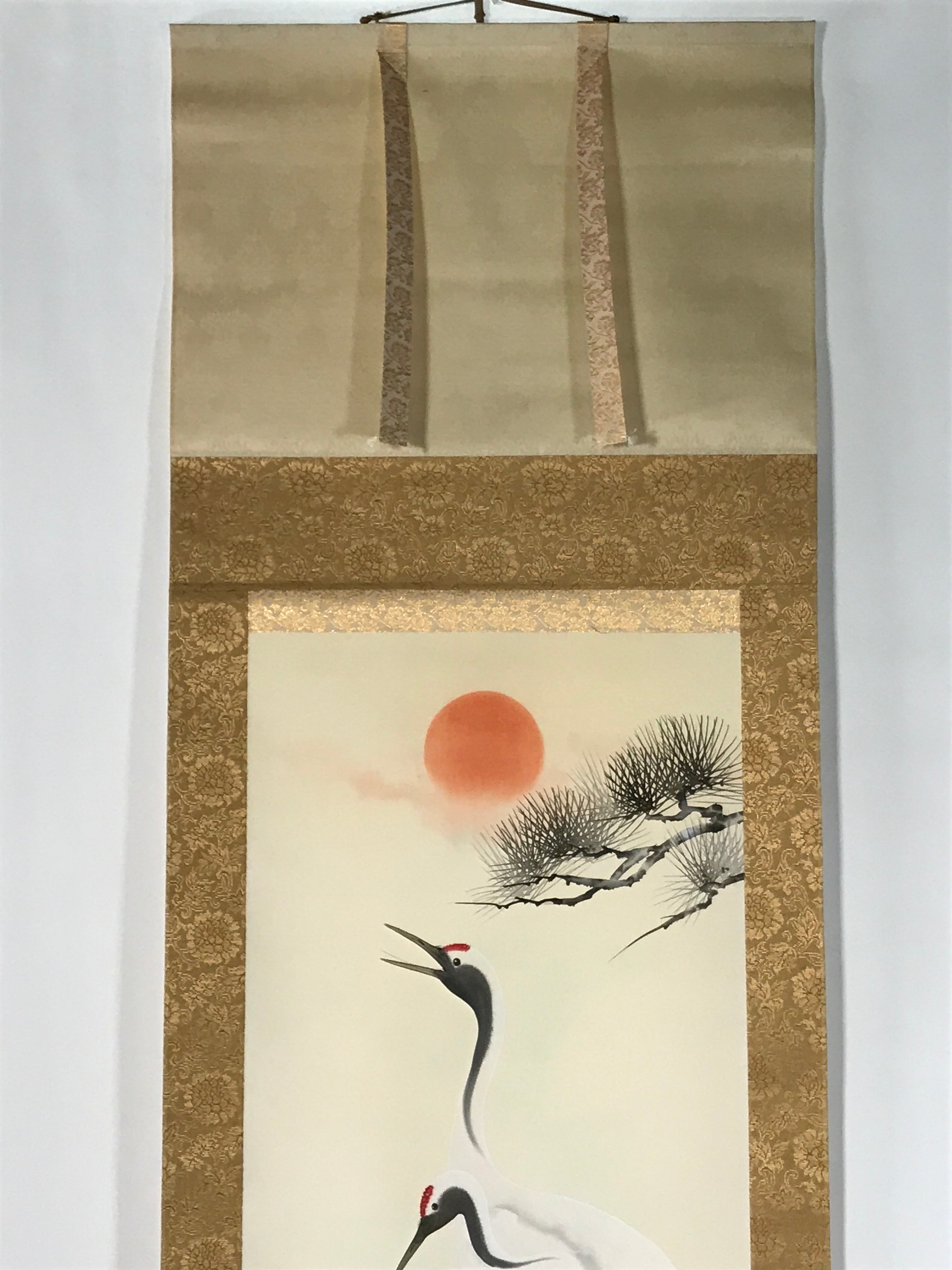 Japanese Boxed Hanging Scroll Vtg Two Cranes Pine Tree Red Sun Kakejiku KJ32