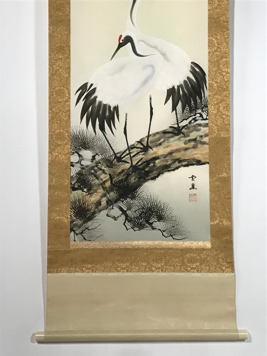 Japanese Boxed Hanging Scroll Vtg Two Cranes Pine Tree Red Sun Kakejiku KJ32