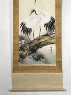 Japanese Boxed Hanging Scroll Vtg Two Cranes Pine Tree Red Sun Kakejiku KJ32