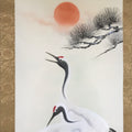 Japanese Boxed Hanging Scroll Vtg Two Cranes Pine Tree Red Sun Kakejiku KJ32