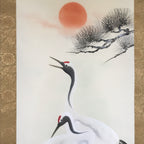 Japanese Boxed Hanging Scroll Vtg Two Cranes Pine Tree Red Sun Kakejiku KJ32