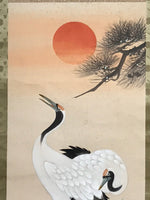 Japanese Boxed Hanging Scroll Vtg Two Cranes Pine Tree Red Sun Kakejiku SC956