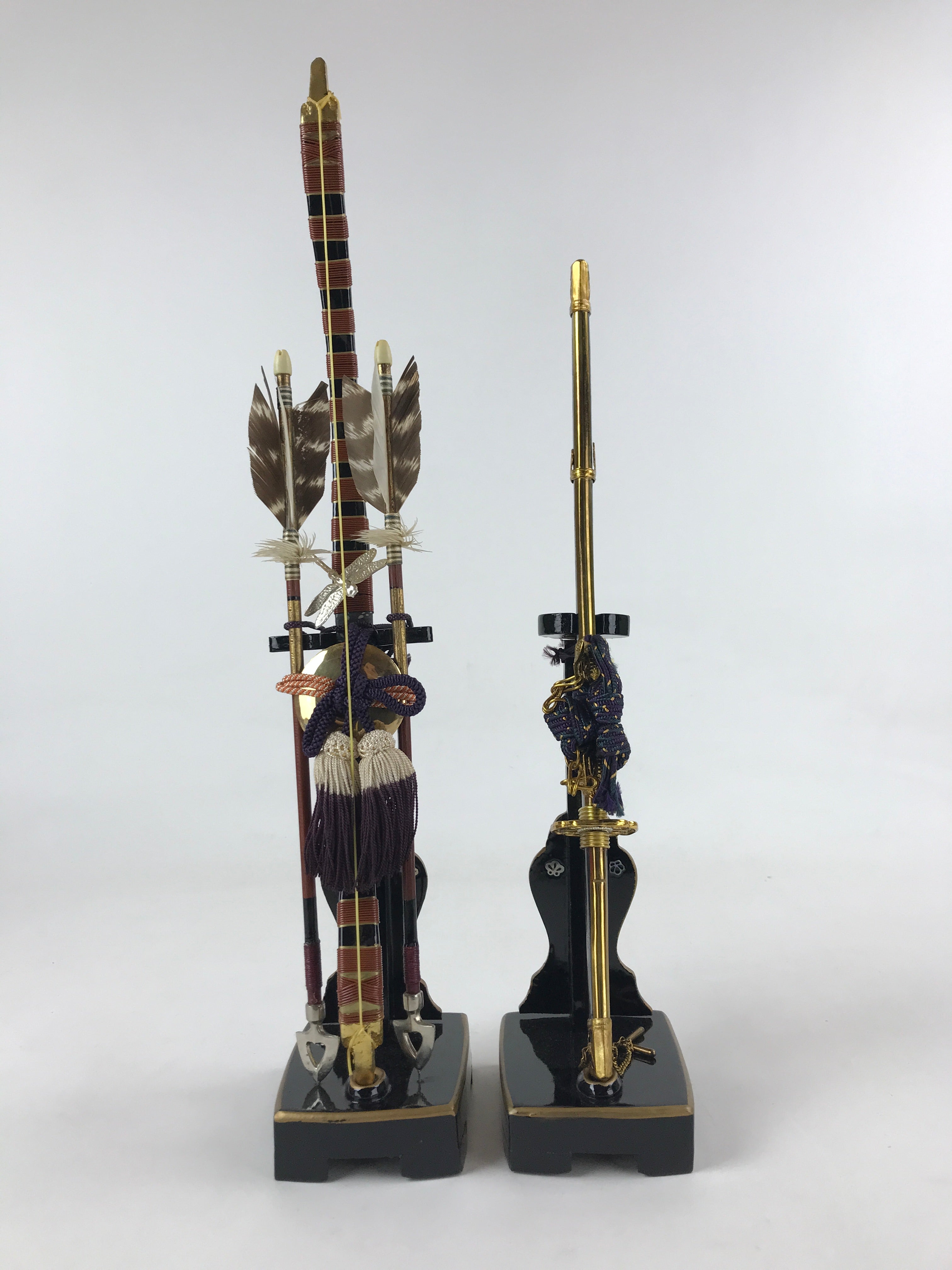 Japanese Boys' Day Bow Arrow And Sword Display Set Vtg Lacquer Stand Raden ID518