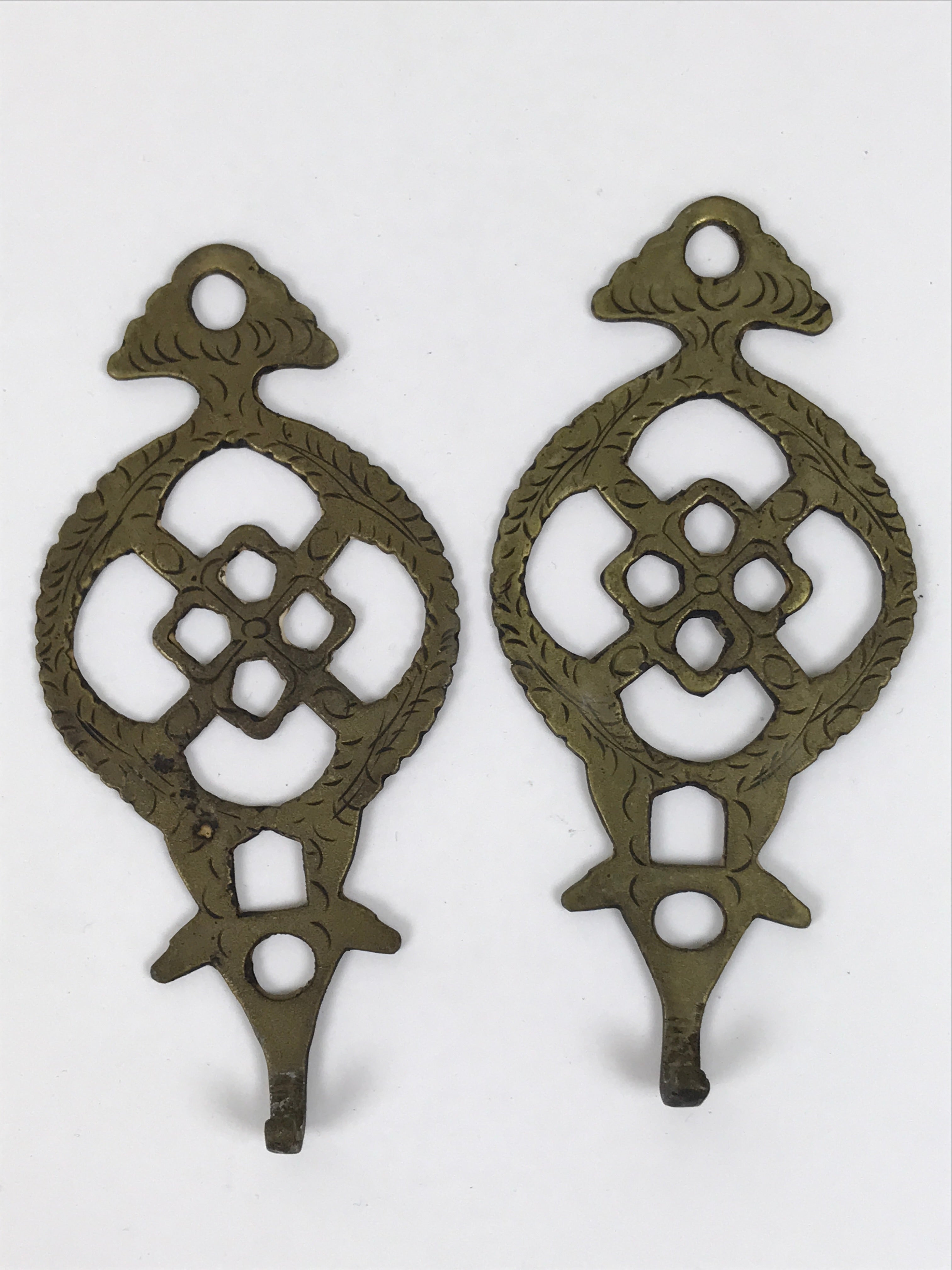 Japanese Brass Metal Buddhist Rinto Lantern Hanger Hooks Vtg 2pc Hardware JK900