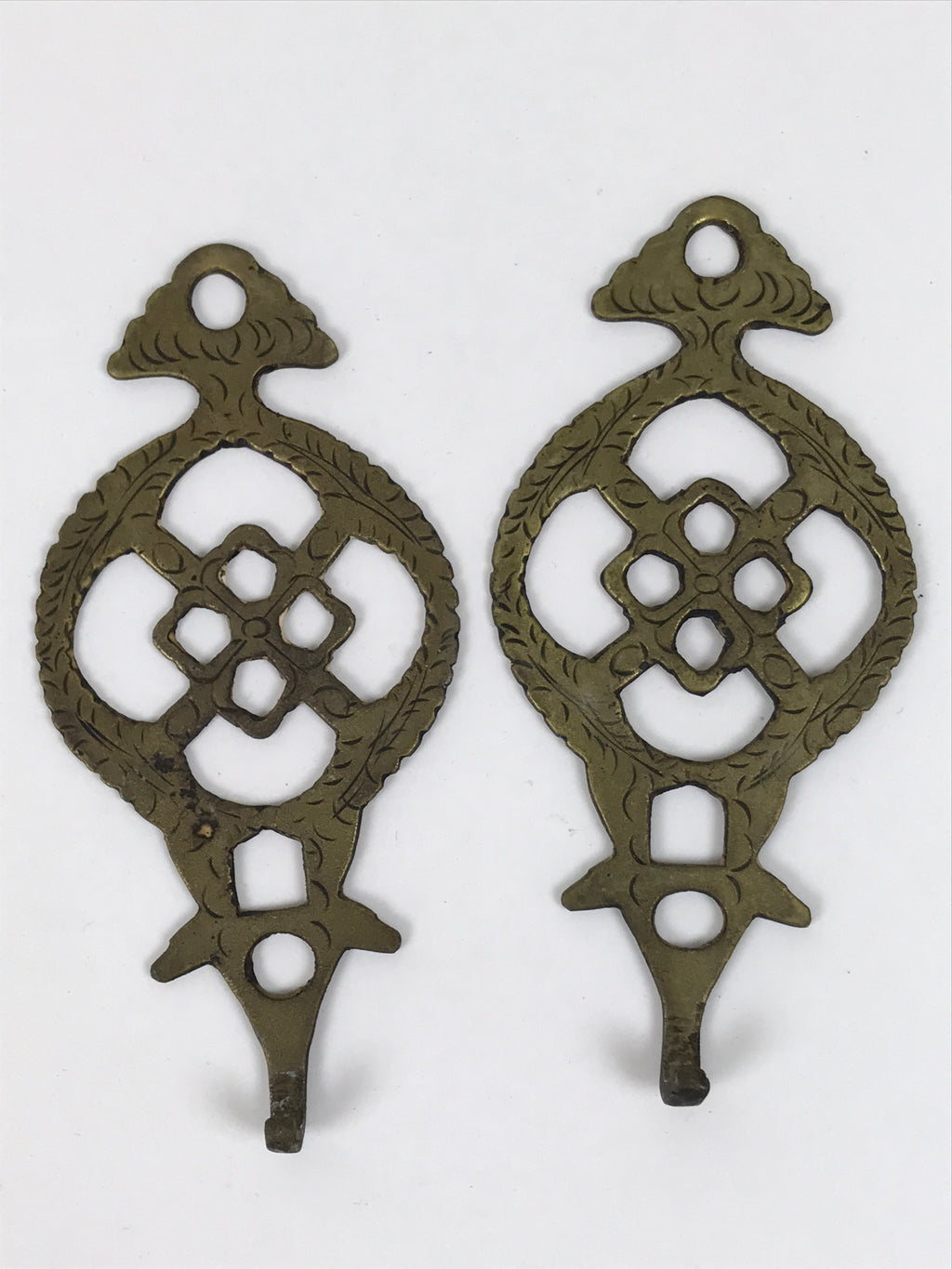 Japanese Brass Metal Buddhist Rinto Lantern Hanger Hooks Vtg 2pc Hardware JK900
