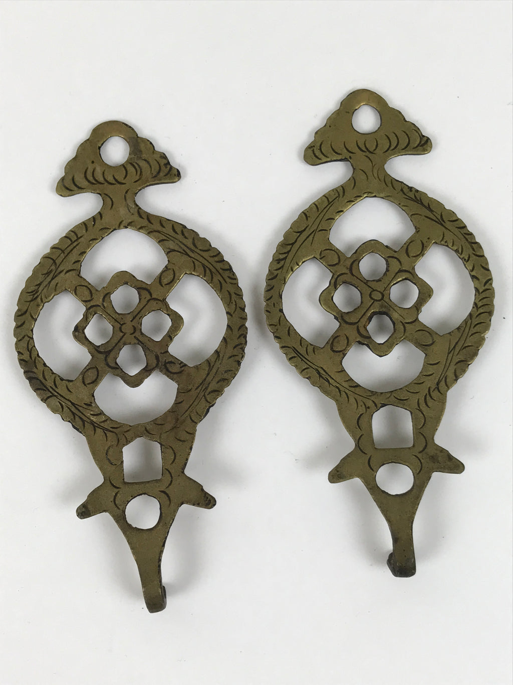 Japanese Brass Metal Buddhist Rinto Lantern Hanger Hooks Vtg 2pc Hardware JK900