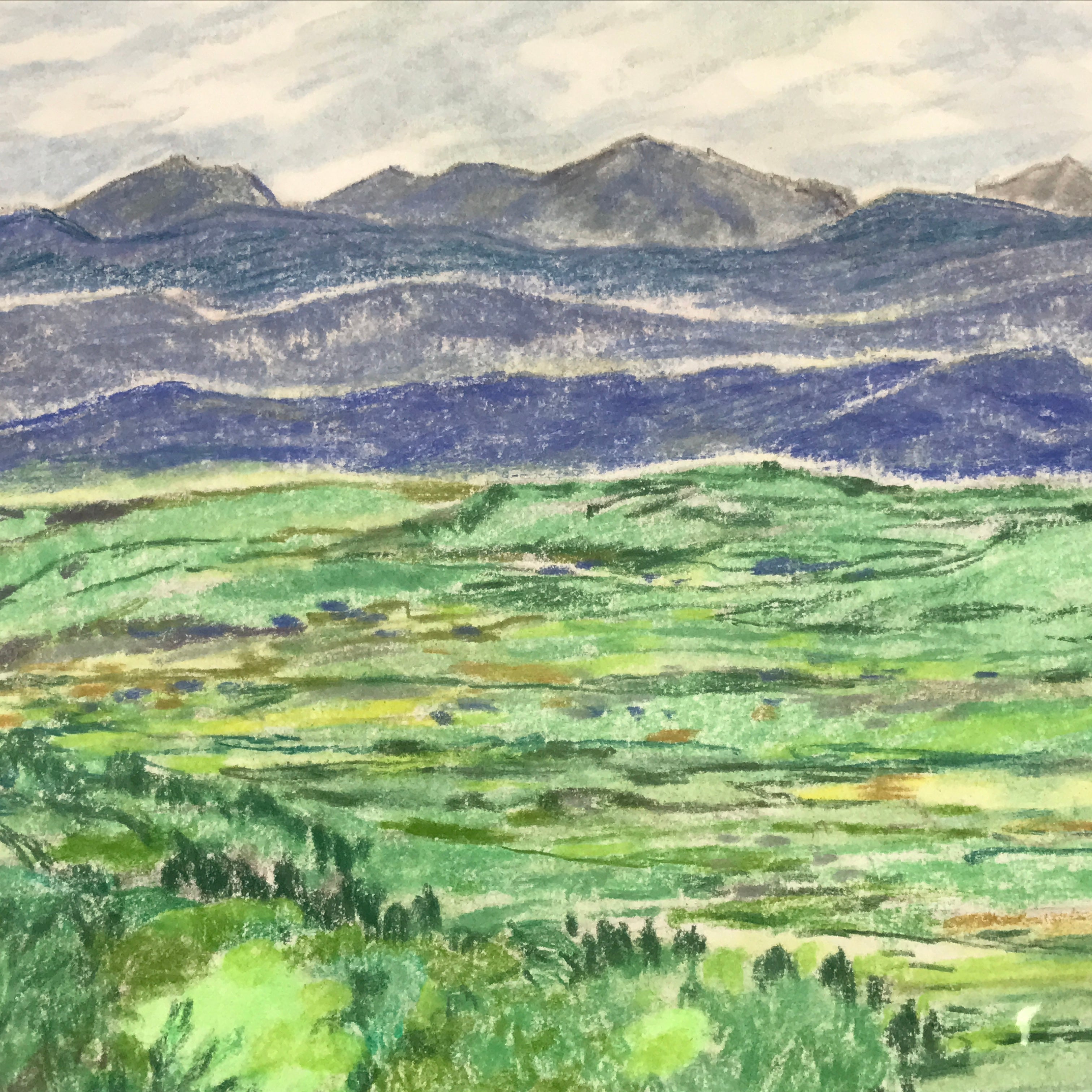 Japanese Bright Mountain Landscape Pastel Drawing Original Art Unsigned FL315
