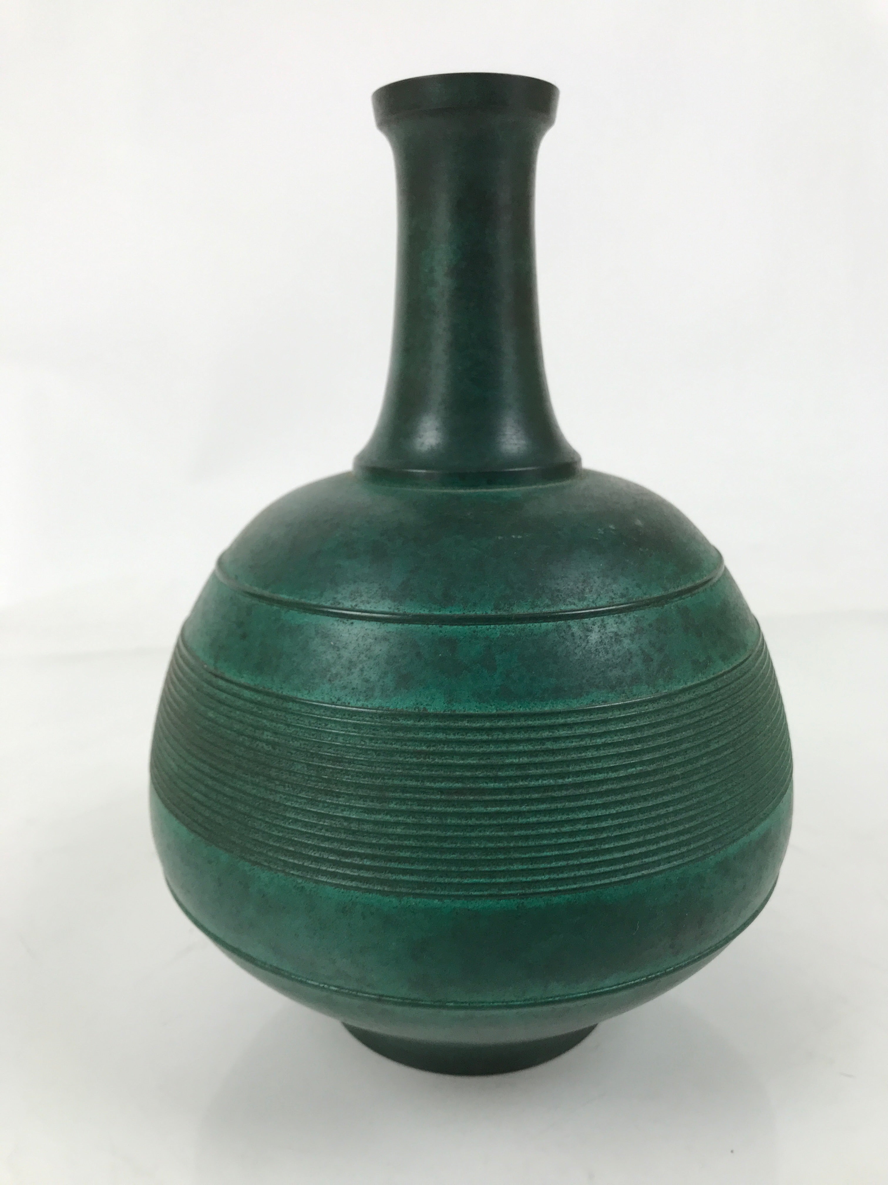 Japanese Bronze Metal Flower Vase Kabin Round Ikebana Arrangement Green FK165