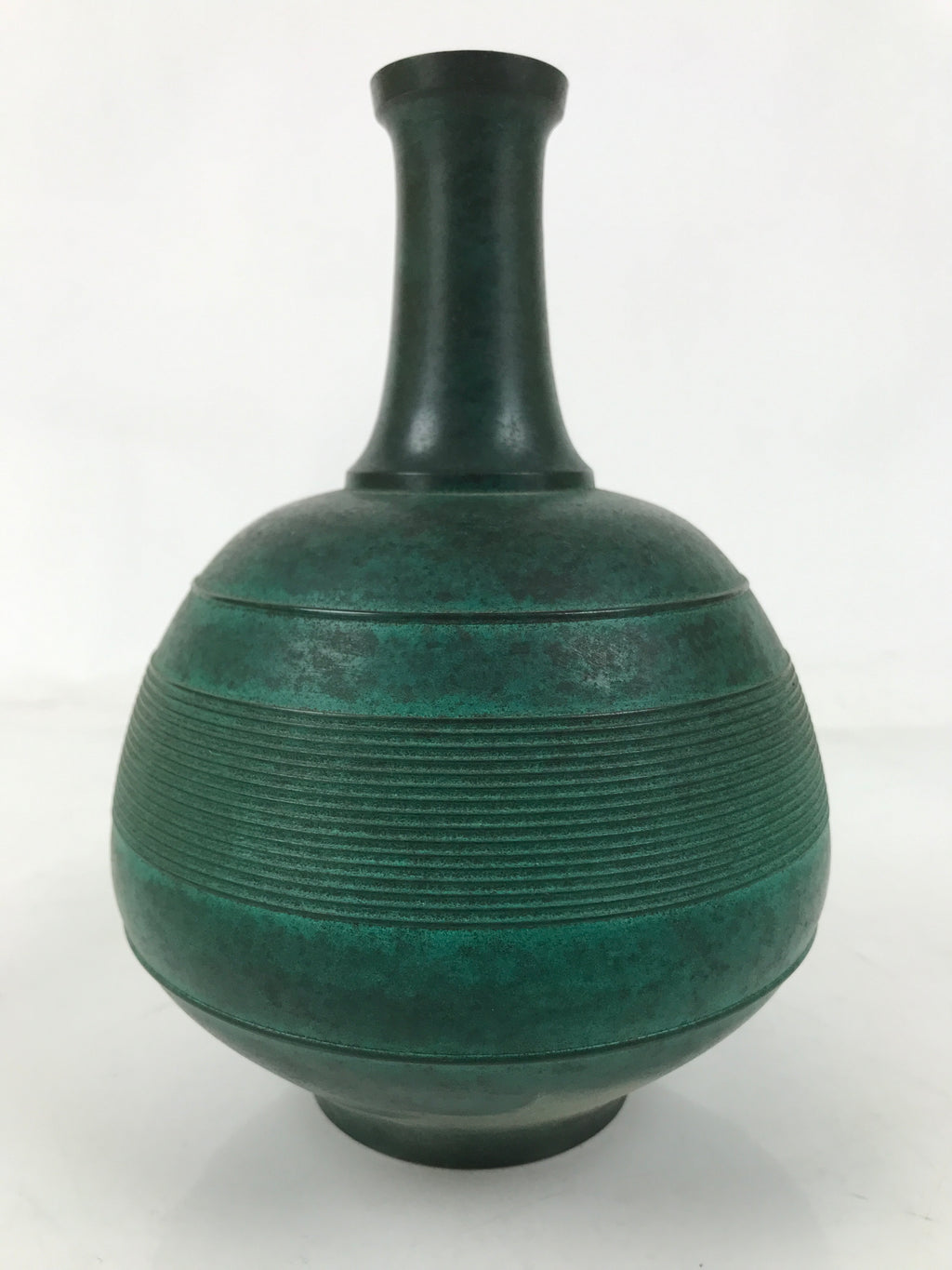 Japanese Bronze Metal Flower Vase Kabin Round Ikebana Arrangement Green FK165