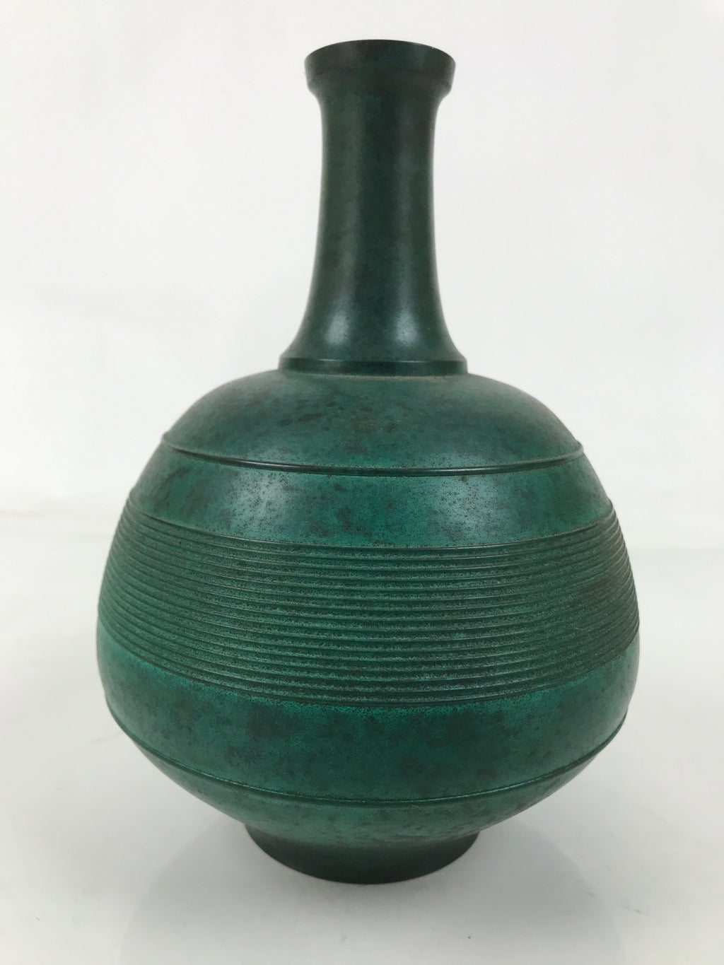 Japanese Bronze Metal Flower Vase Kabin Round Ikebana Arrangement Green FK165