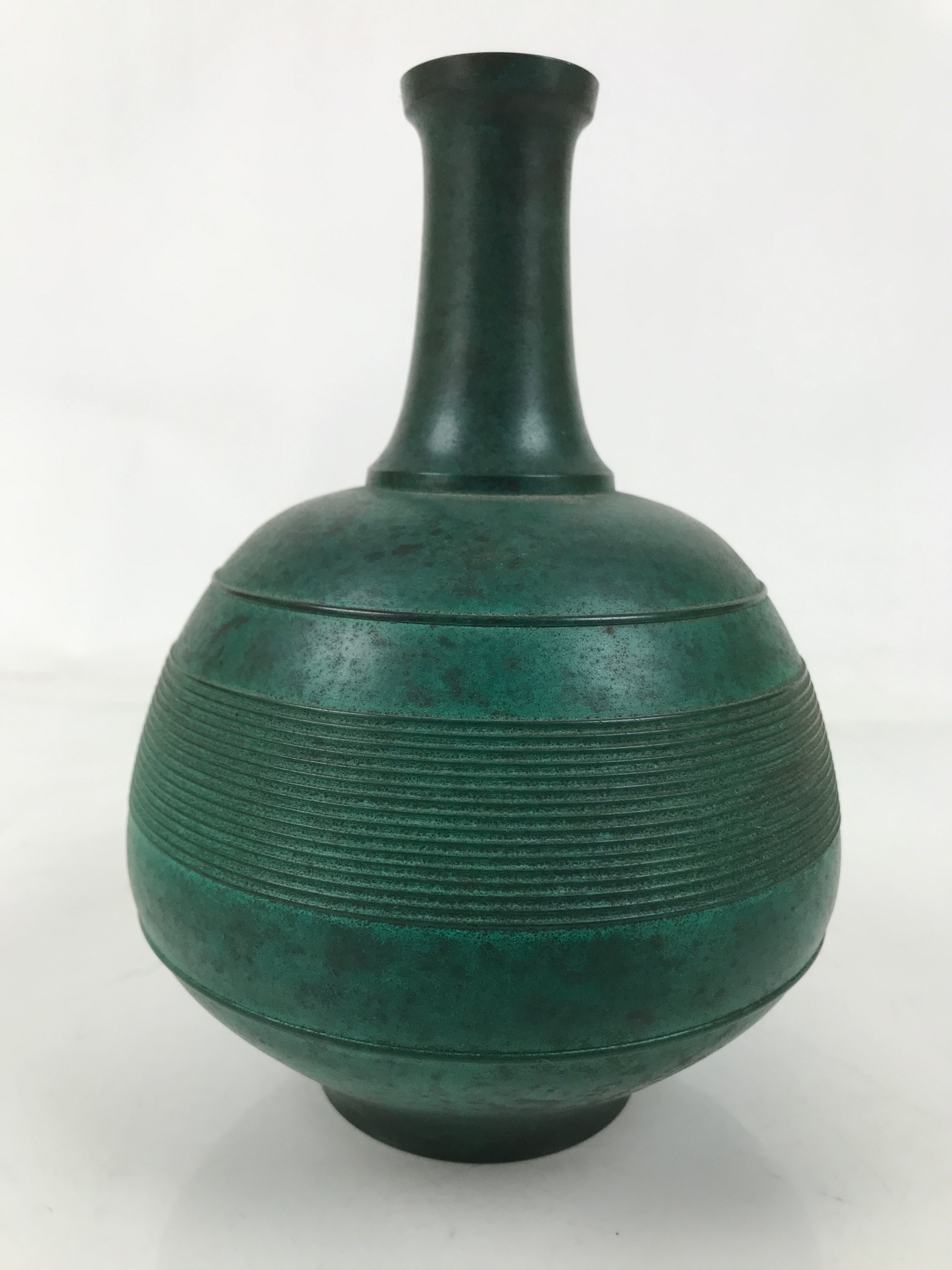 Japanese Bronze Metal Flower Vase Kabin Round Ikebana Arrangement Green FK165