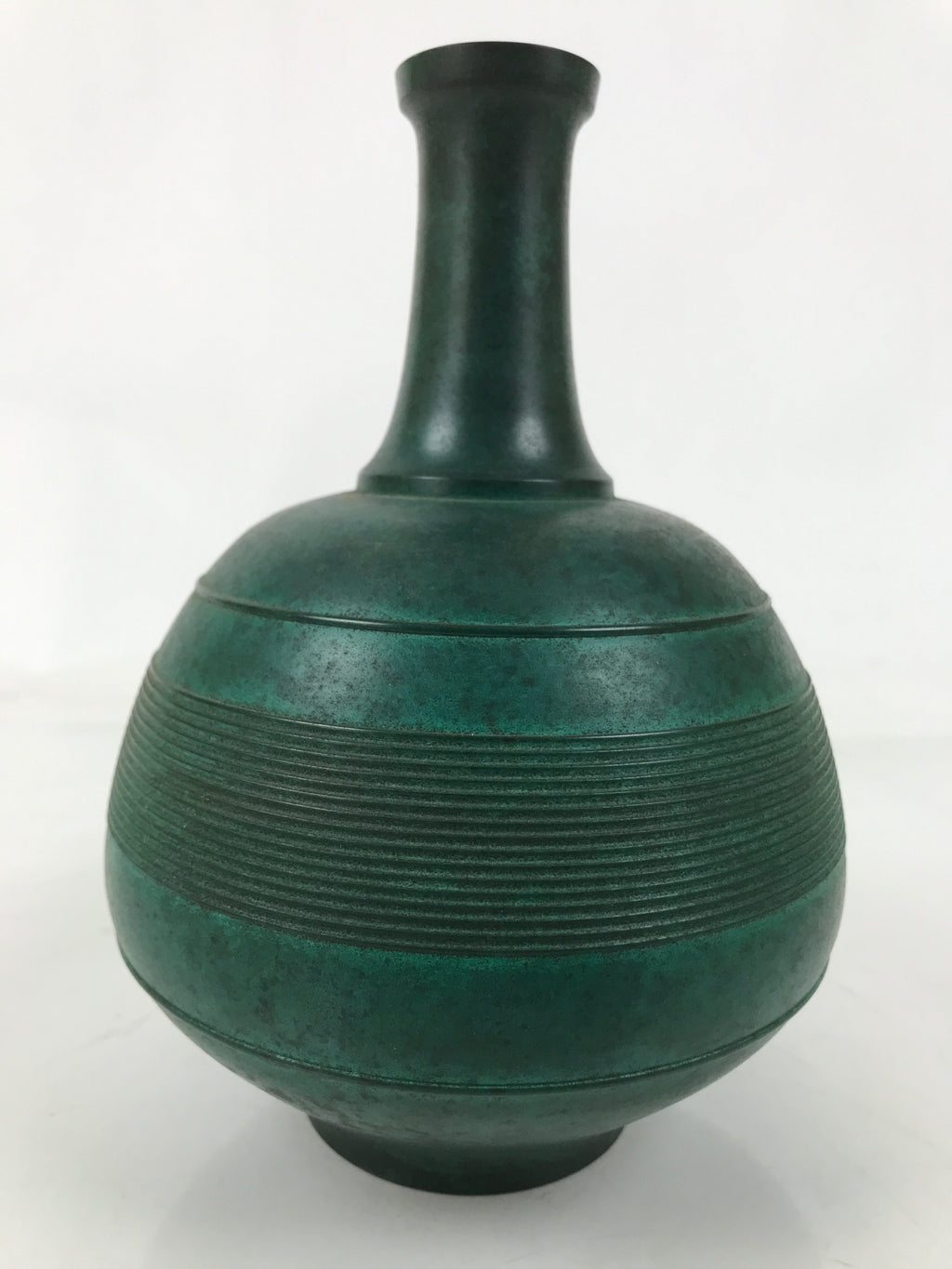 Japanese Bronze Metal Flower Vase Kabin Round Ikebana Arrangement Green FK165