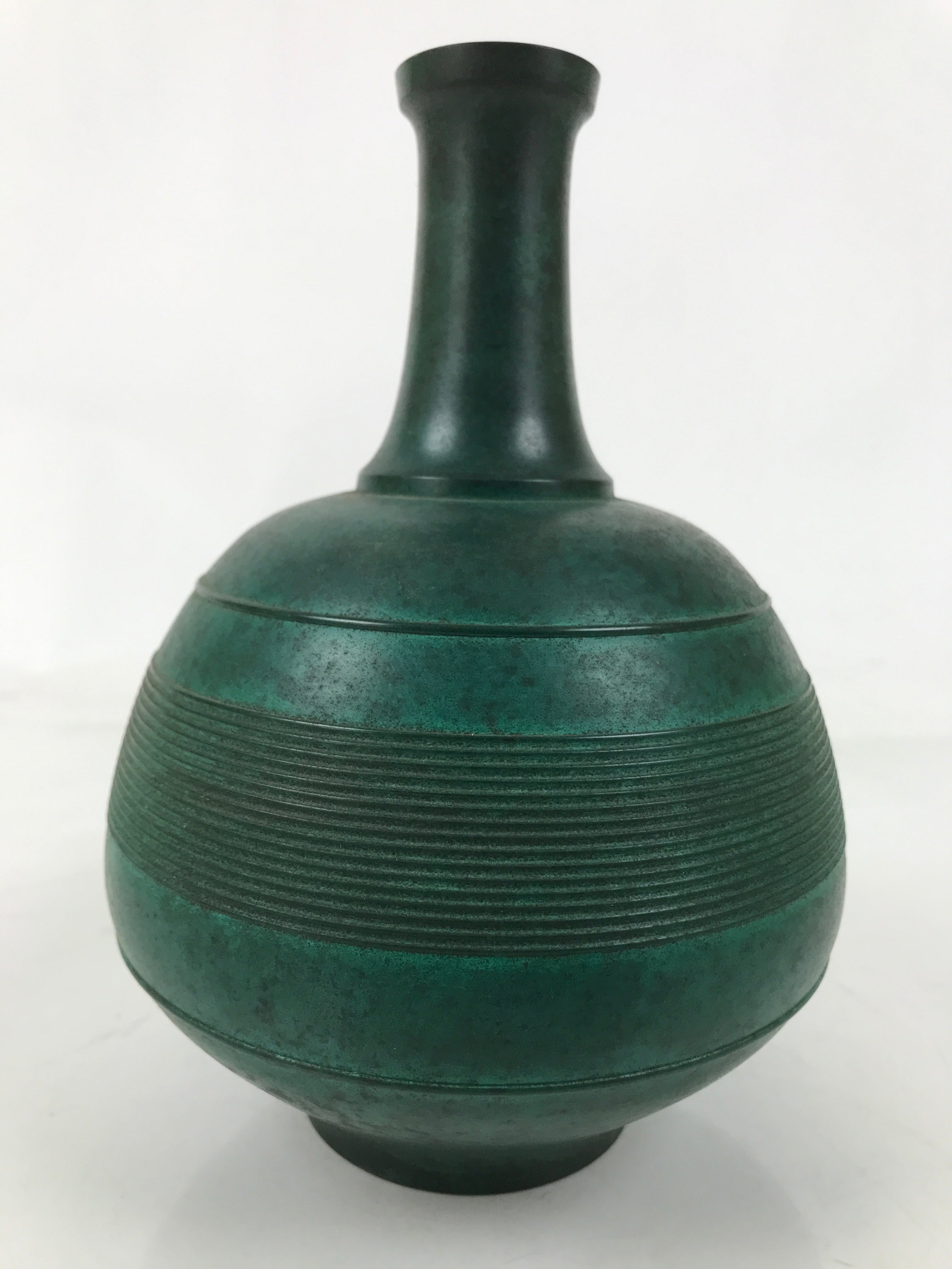 Japanese Bronze Metal Flower Vase Kabin Round Ikebana Arrangement Green FK165