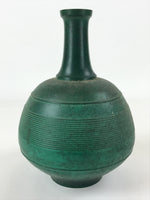 Japanese Bronze Metal Flower Vase Kabin Vtg Round Ikebana Arrangement Green FK81