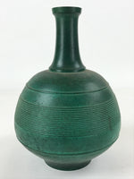 Japanese Bronze Metal Flower Vase Kabin Vtg Round Ikebana Arrangement Green FK81
