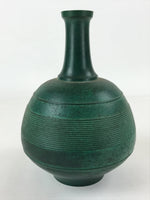Japanese Bronze Metal Flower Vase Kabin Vtg Round Ikebana Arrangement Green FK81