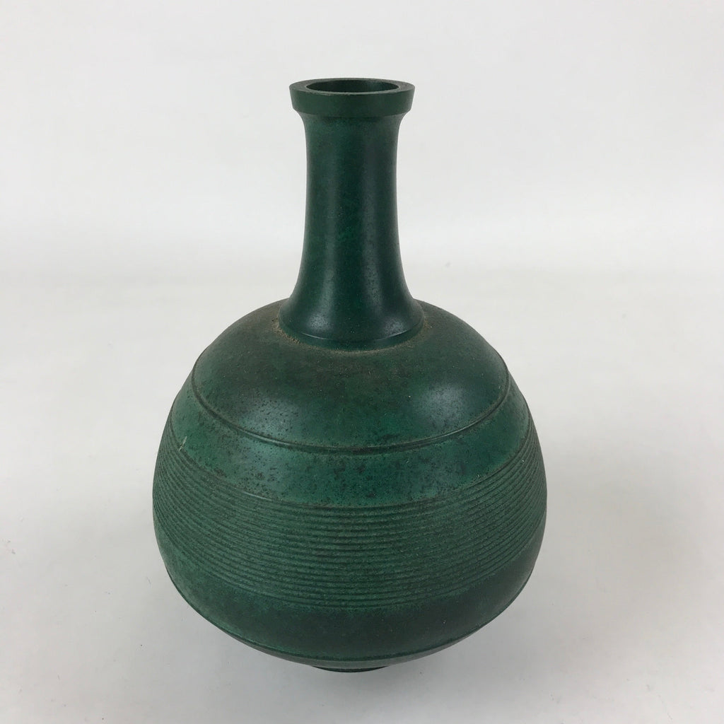 Japanese Bronze Metal Flower Vase Kabin Vtg Round Ikebana Arrangement Green FK81