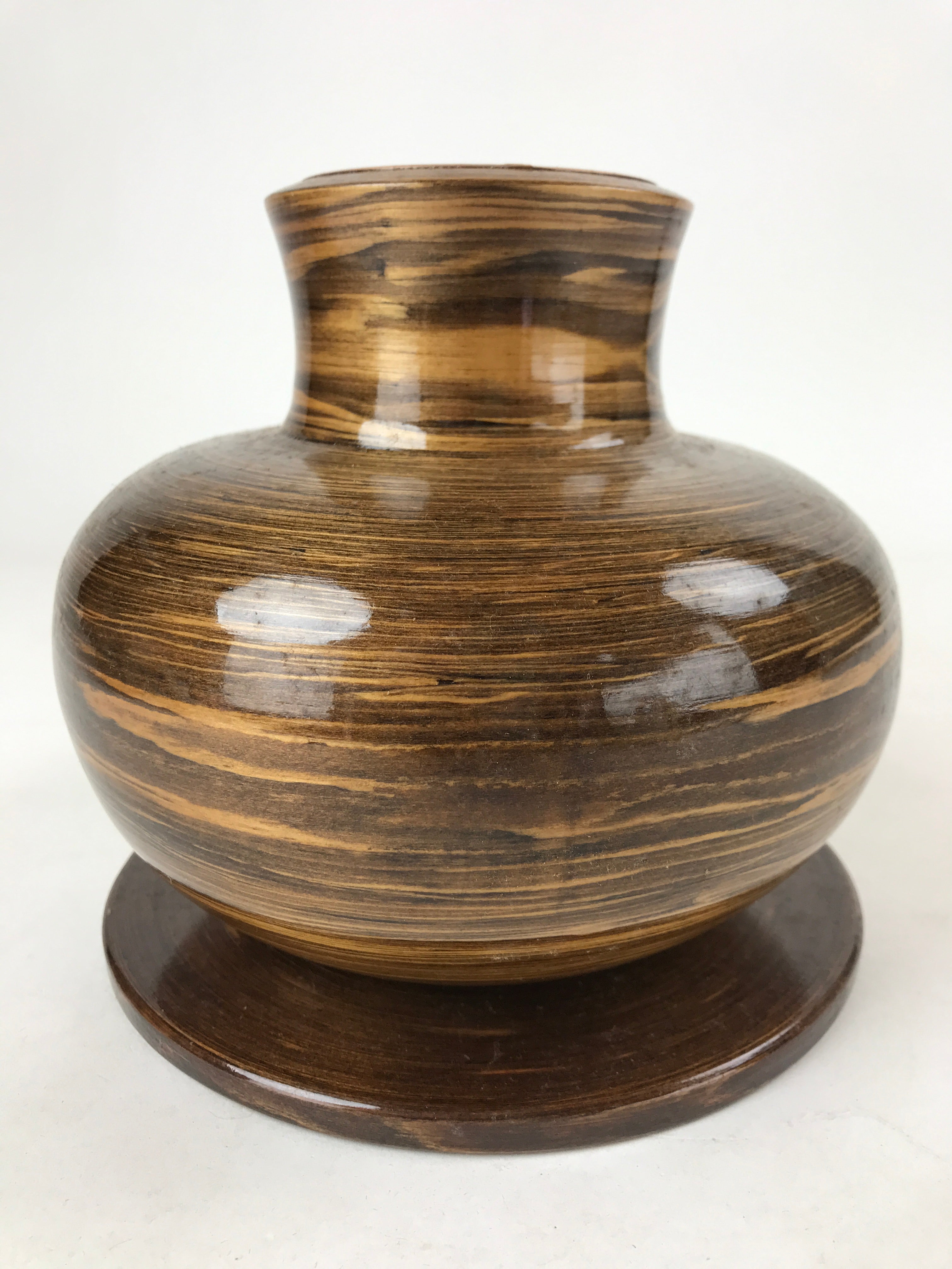 Japanese Brushed Lacquer Wood Senmaki Flower Vase Vtg Ikebana Stand Brown LWB85