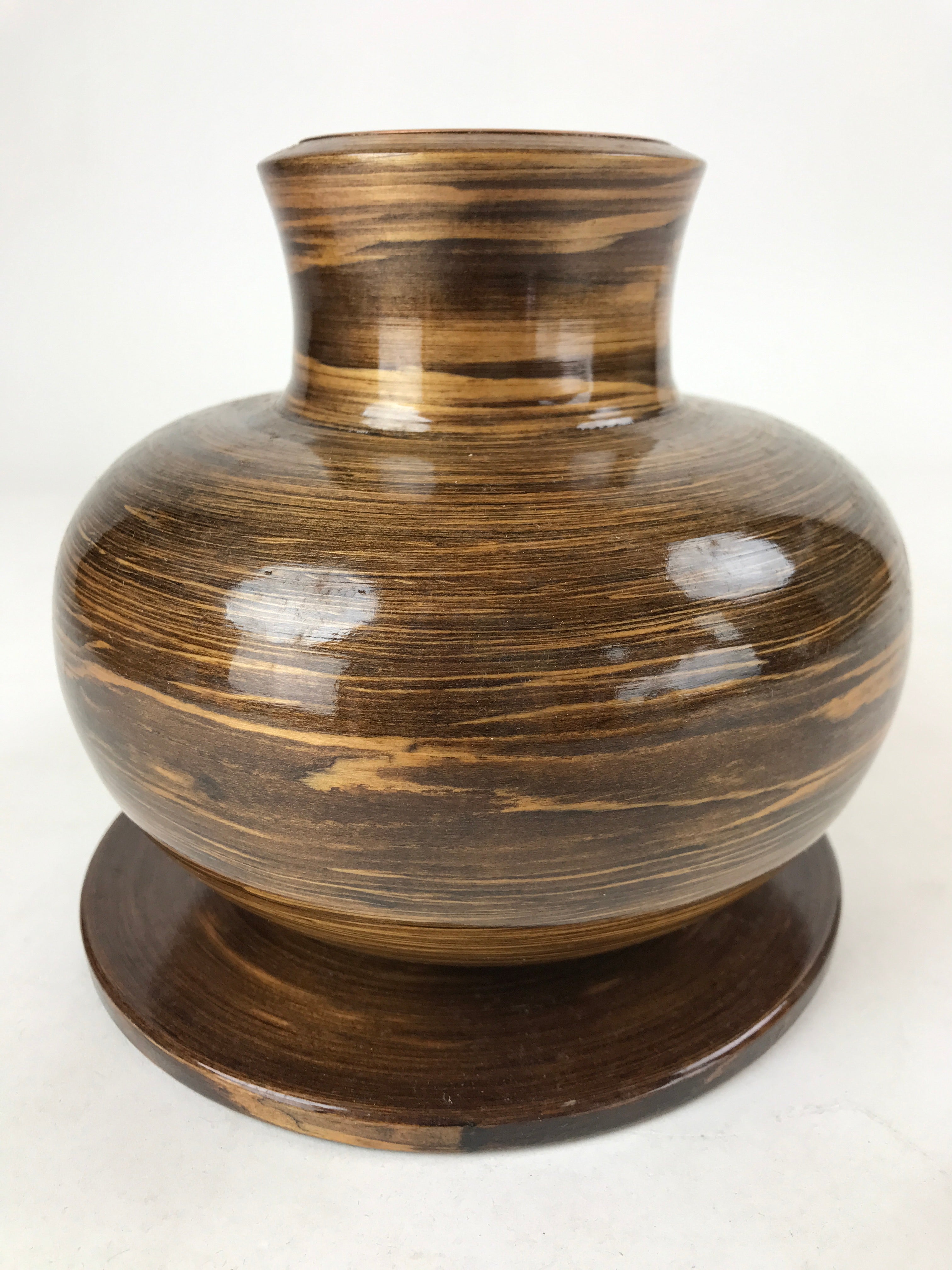Japanese Brushed Lacquer Wood Senmaki Flower Vase Vtg Ikebana Stand Brown LWB85