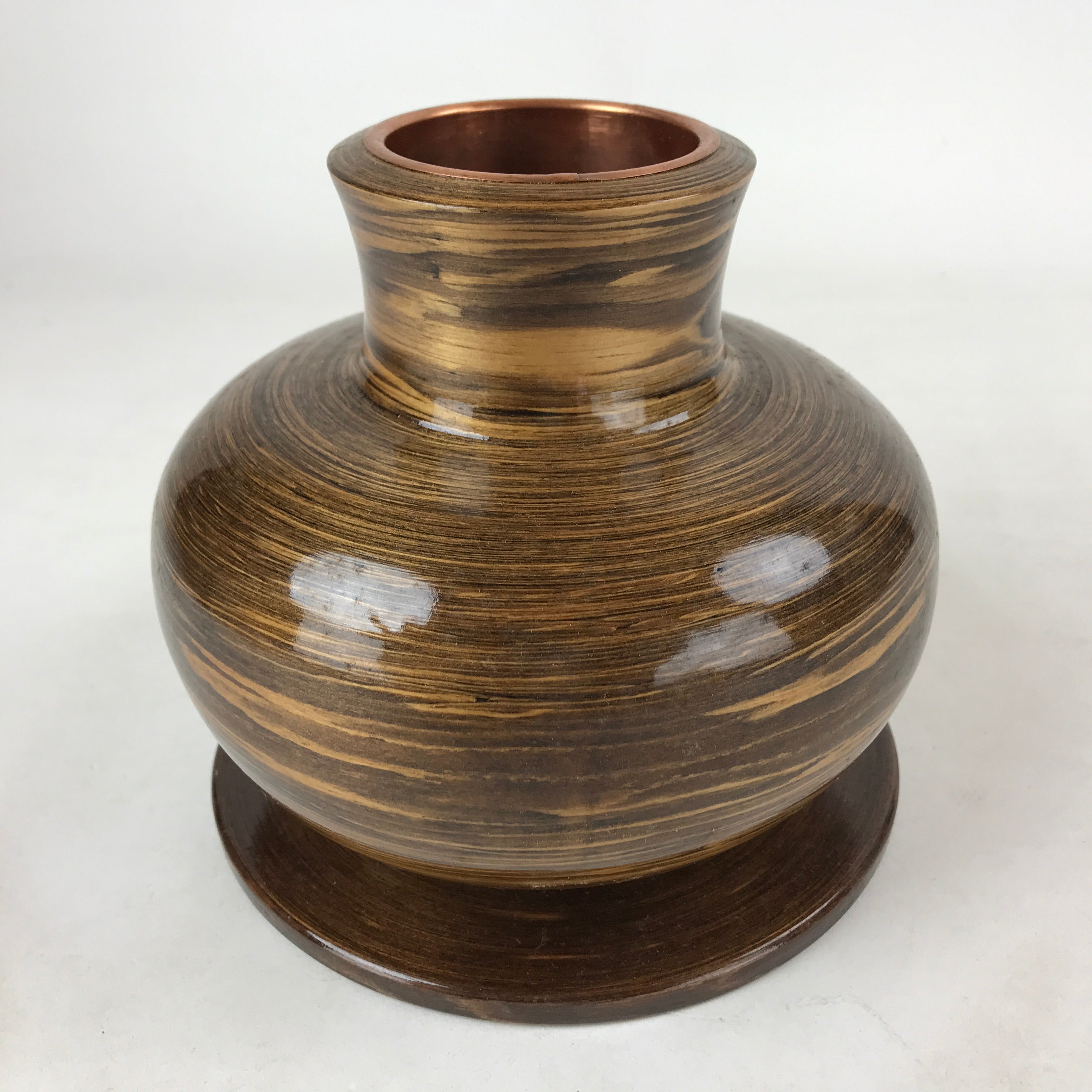 Japanese Brushed Lacquer Wood Senmaki Flower Vase Vtg Ikebana Stand Brown LWB85