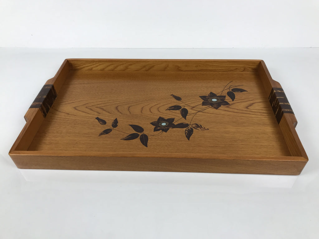 Japanese Brushed Lacquer Wood Serving Tray Obon Rectangle Bellflower Kikyo L587