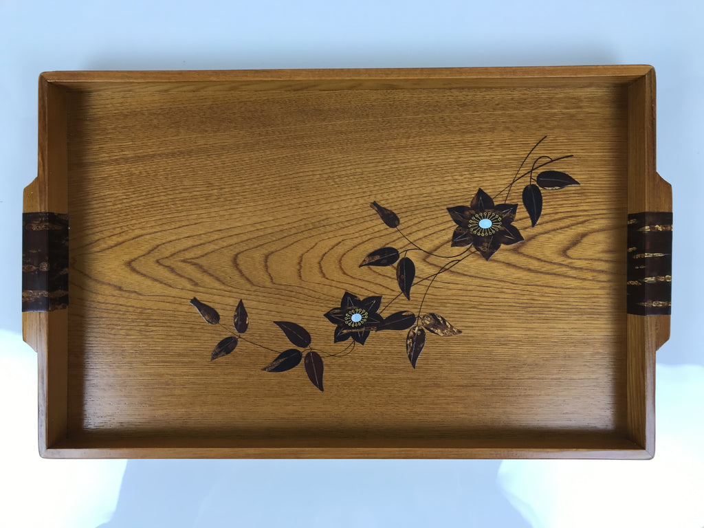 Japanese Brushed Lacquer Wood Serving Tray Obon Rectangle Bellflower Kikyo L587