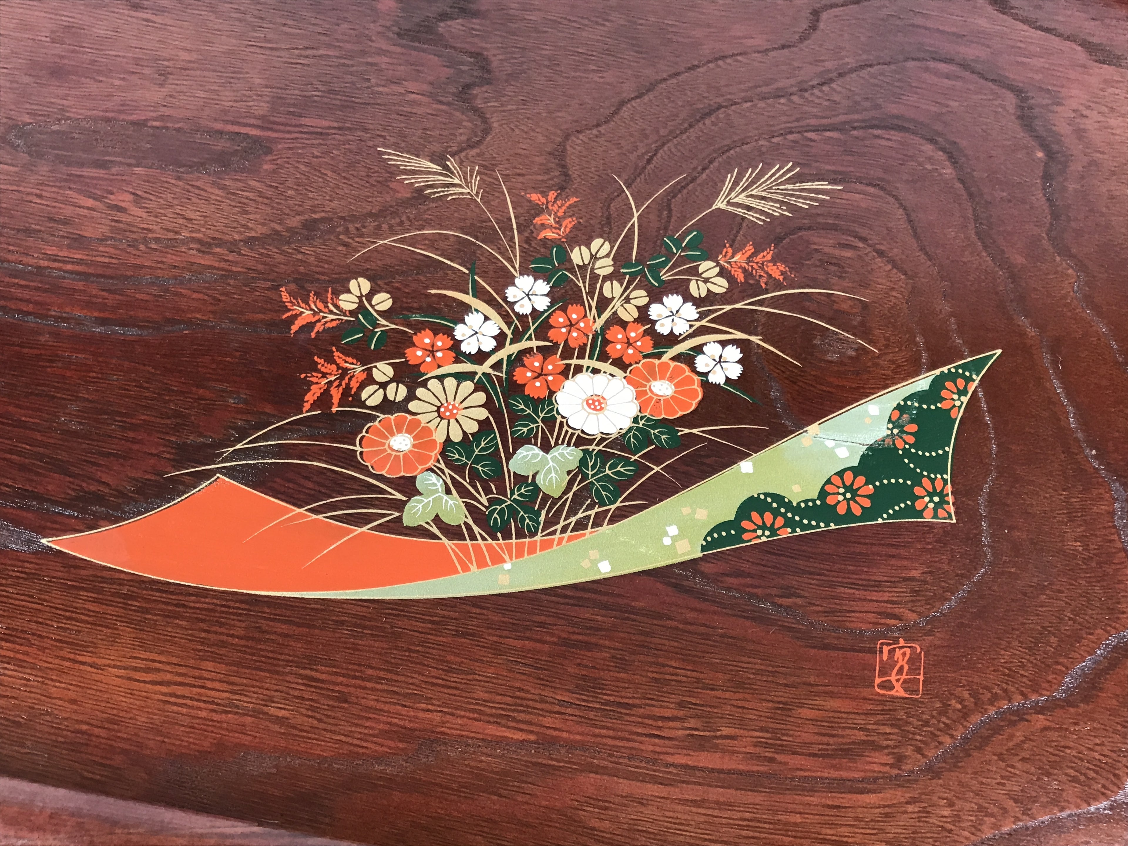 Japanese Brushed Lacquer Wood Serving Tray Obon Vtg Rectangle Floral Makie L586
