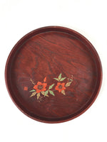 Japanese Brushed Lacquer Wood Serving Tray Vtg Obon Flowers Reddish Brown L25