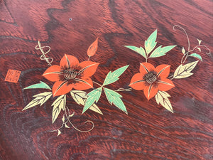 Japanese Brushed Lacquer Wood Serving Tray Vtg Obon Flowers Reddish Brown L25