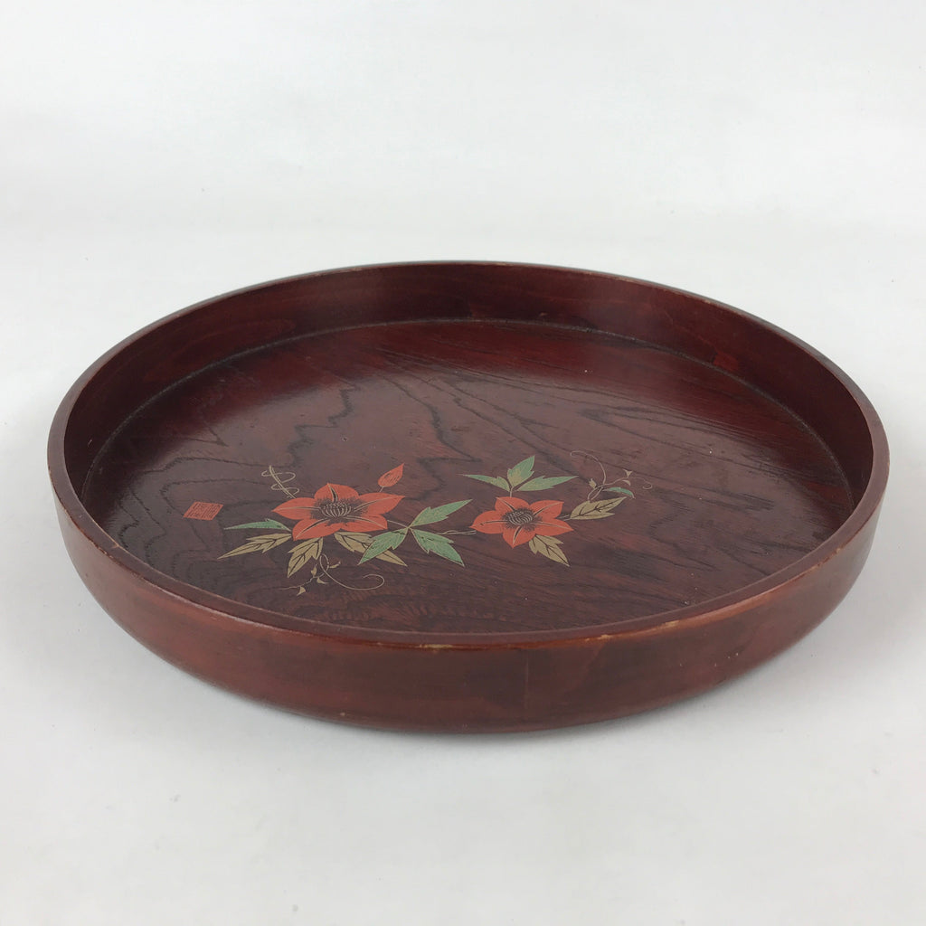 Japanese Brushed Lacquer Wood Serving Tray Vtg Obon Flowers Reddish Brown L25