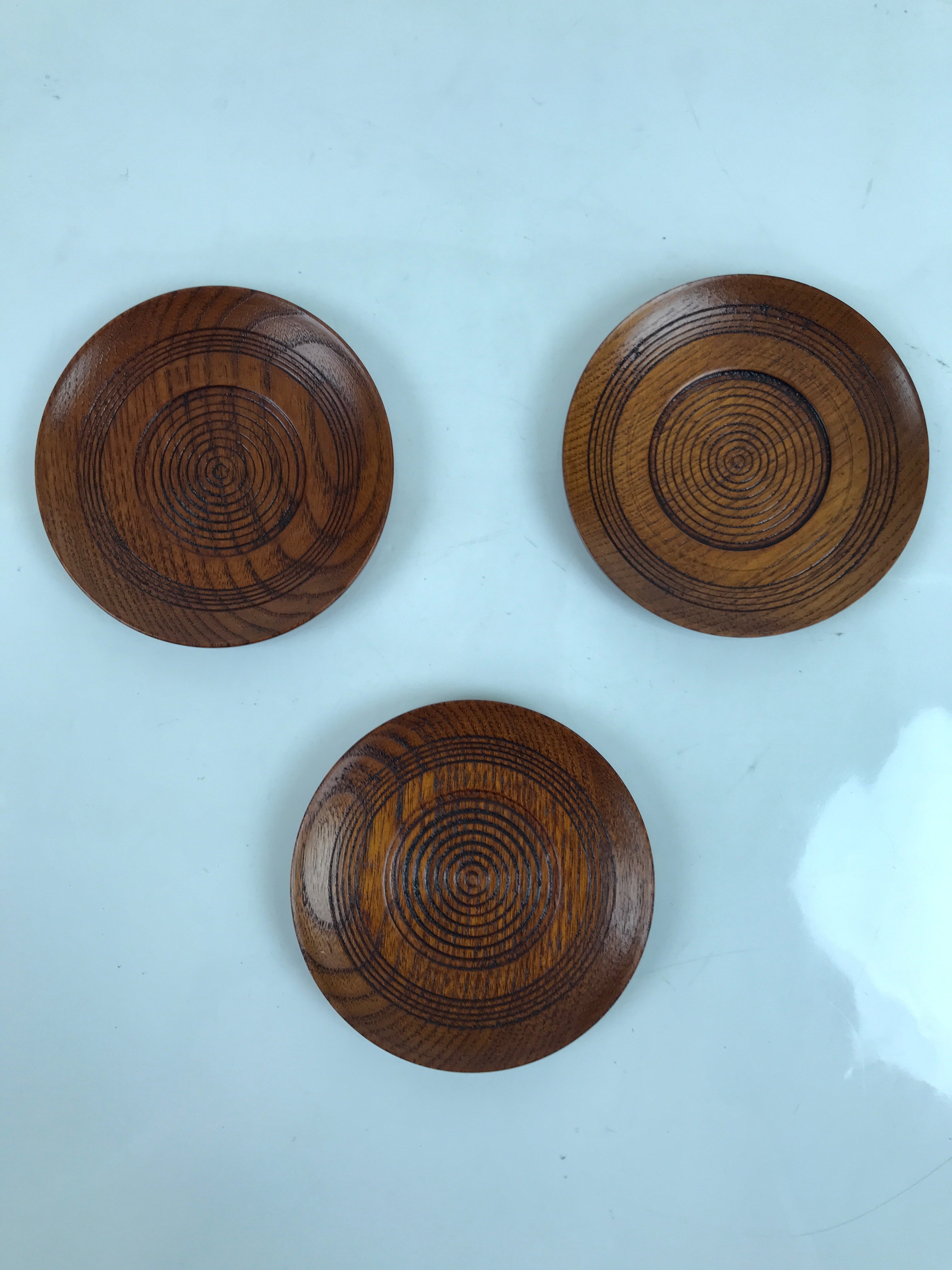 Japanese Brushed Lacquer Wooden Drink Saucer Vtg Chataku Coaster 3pc Brown L313