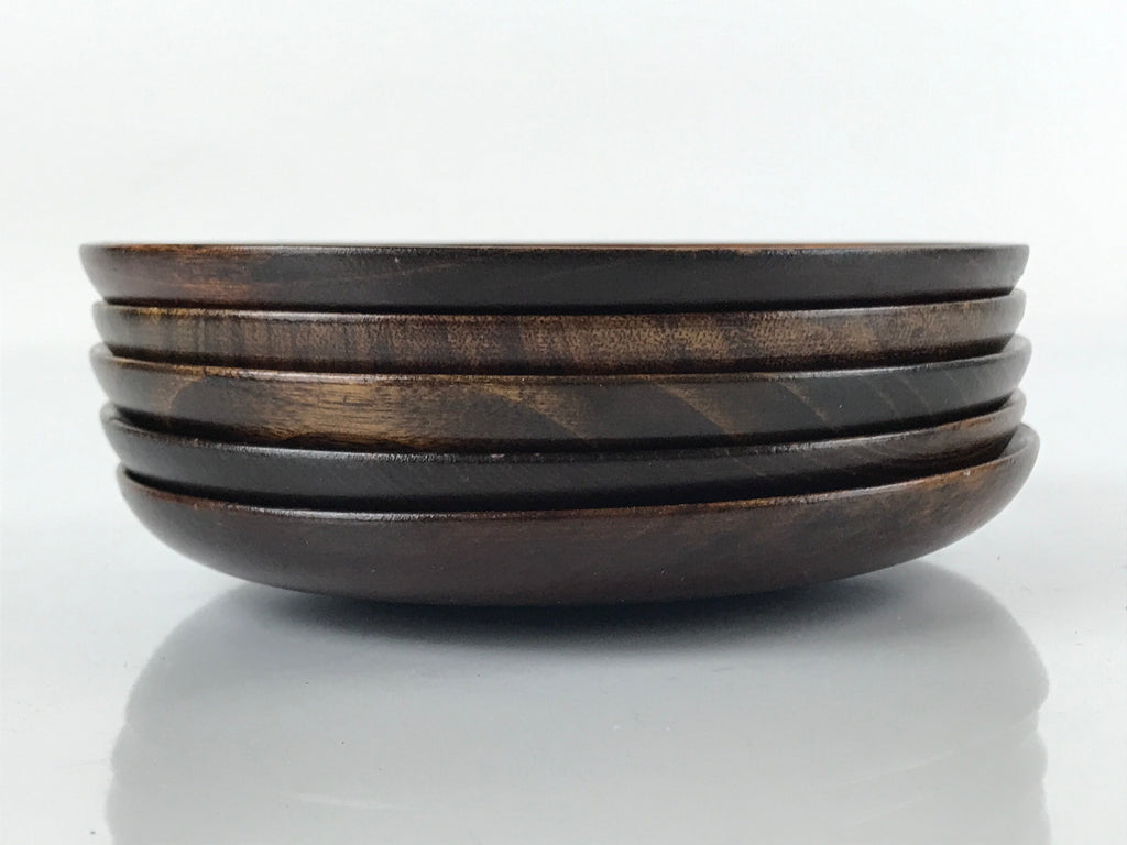 Japanese Brushed Lacquer Wooden Drink Saucer Vtg Chataku Coaster 5pc Brown L130