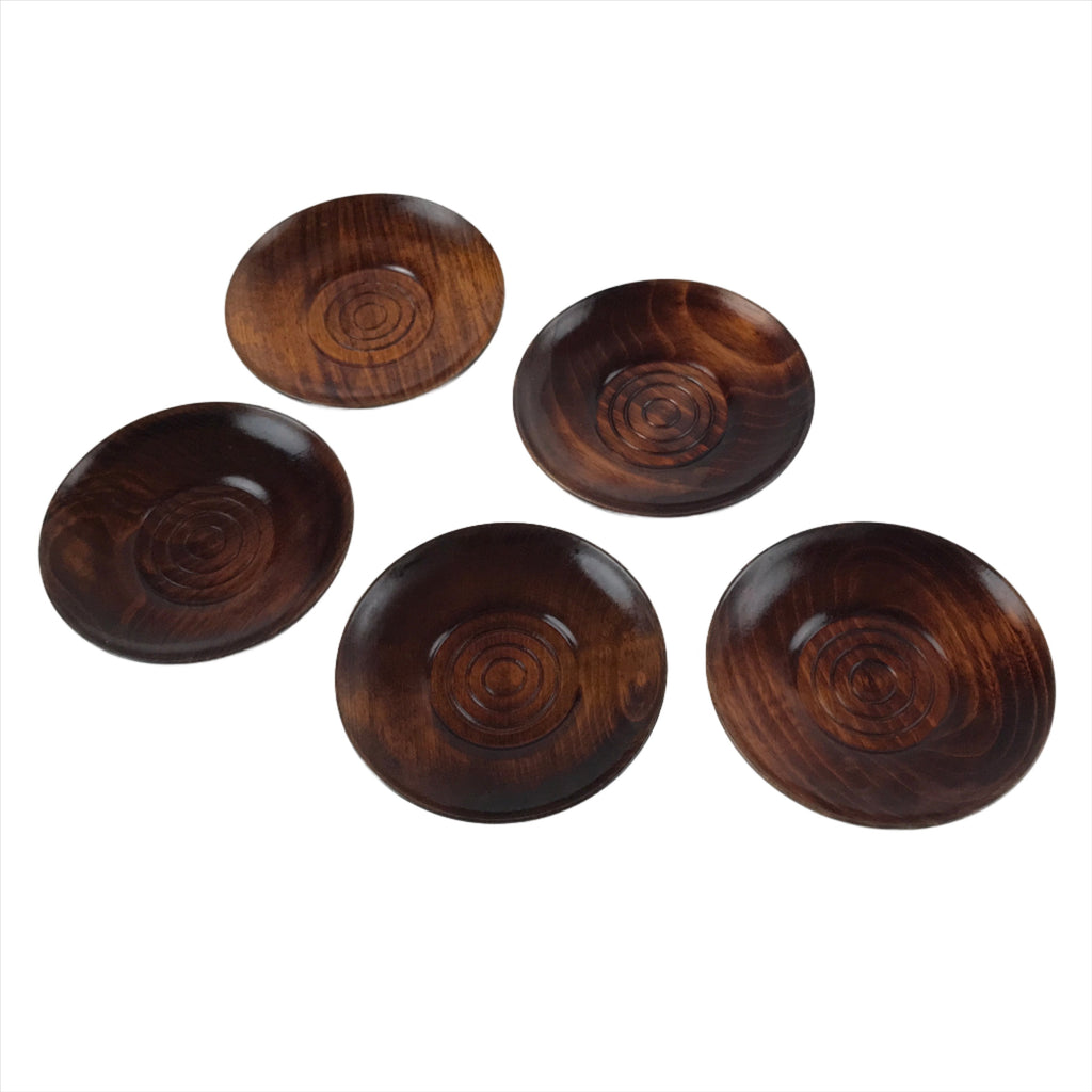 Japanese Brushed Lacquer Wooden Drink Saucer Vtg Chataku Coaster 5pc Brown L130