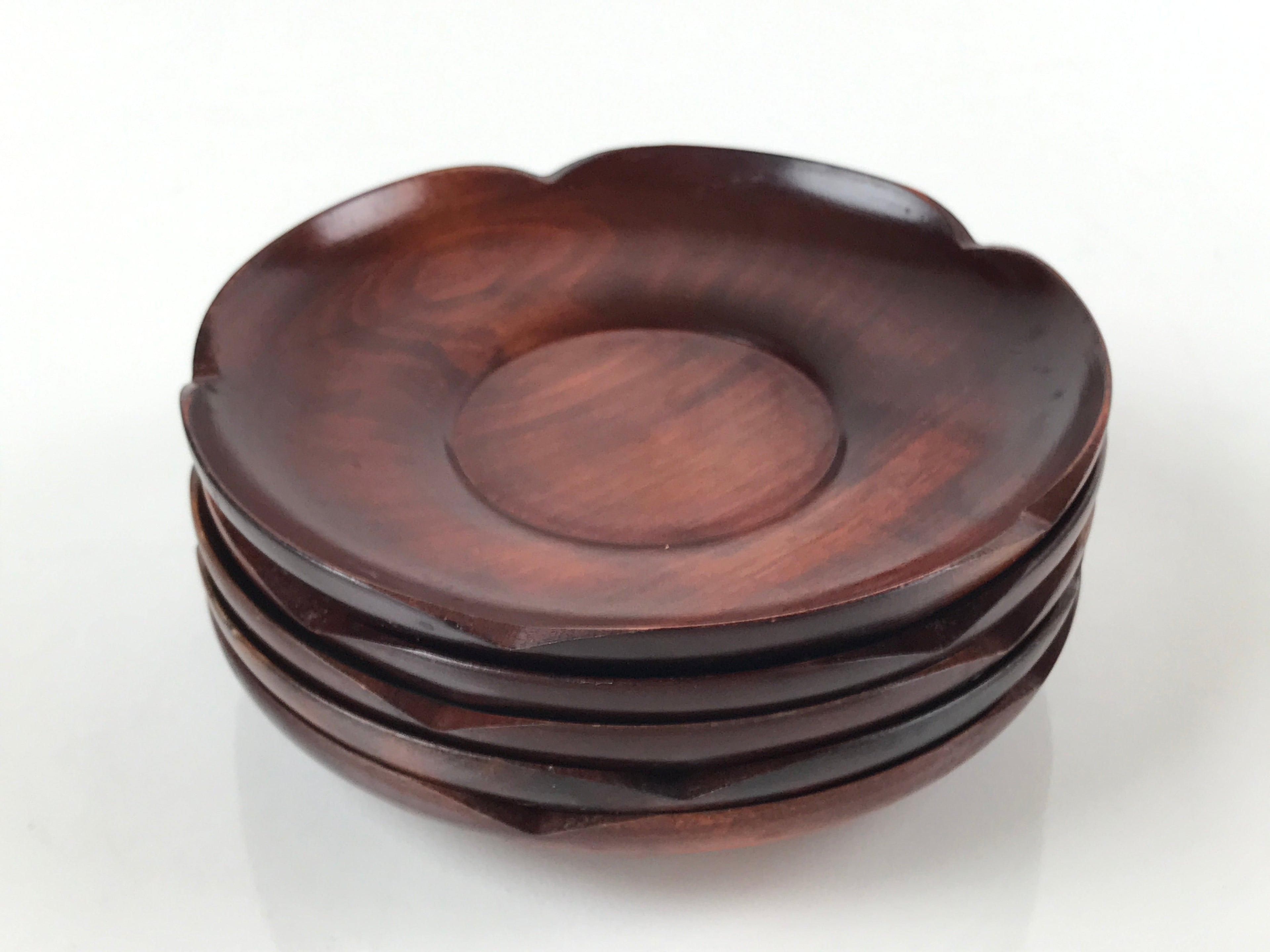 Japanese Brushed Lacquer Wooden Drink Saucer Vtg Chataku Coaster 5pc Brown L131